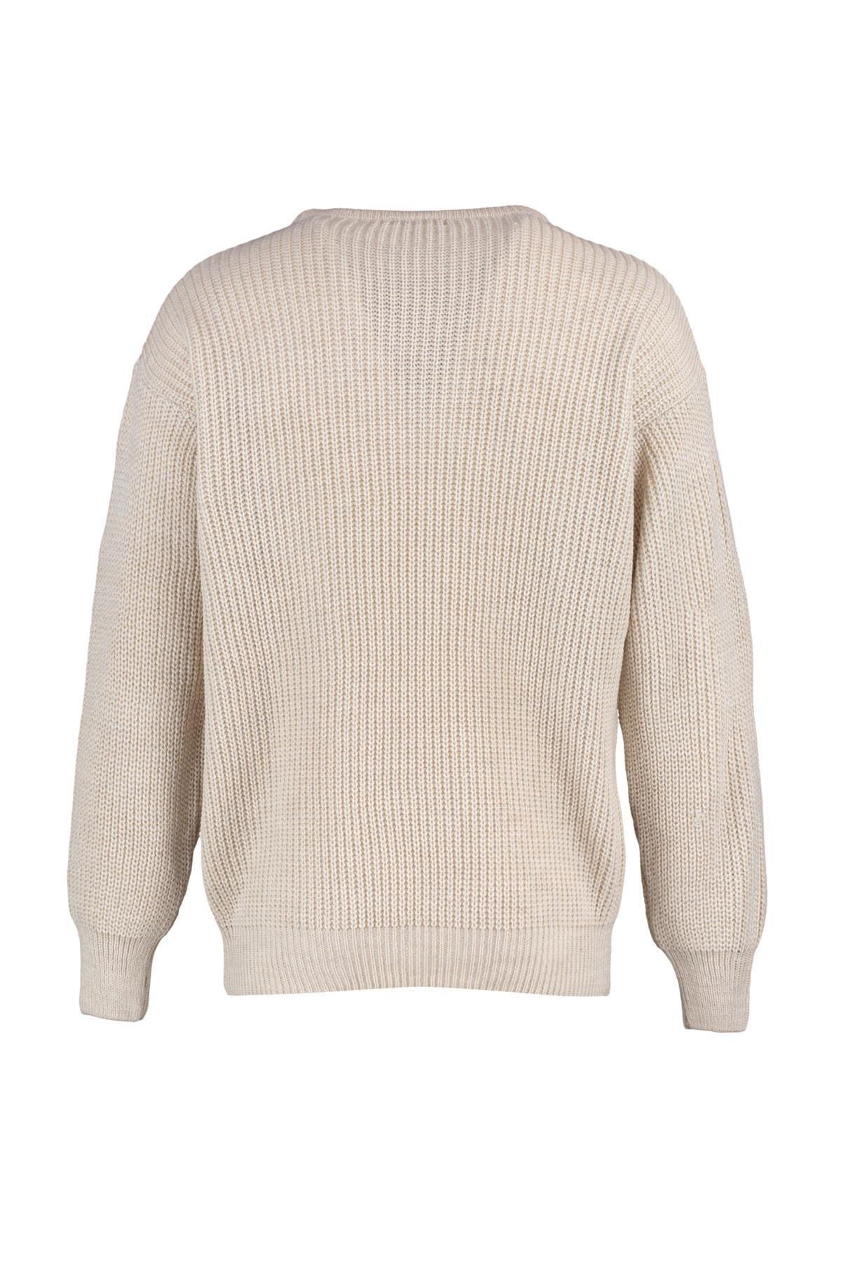 Beige Fitted Crew Neck Sweater, , large image number 5