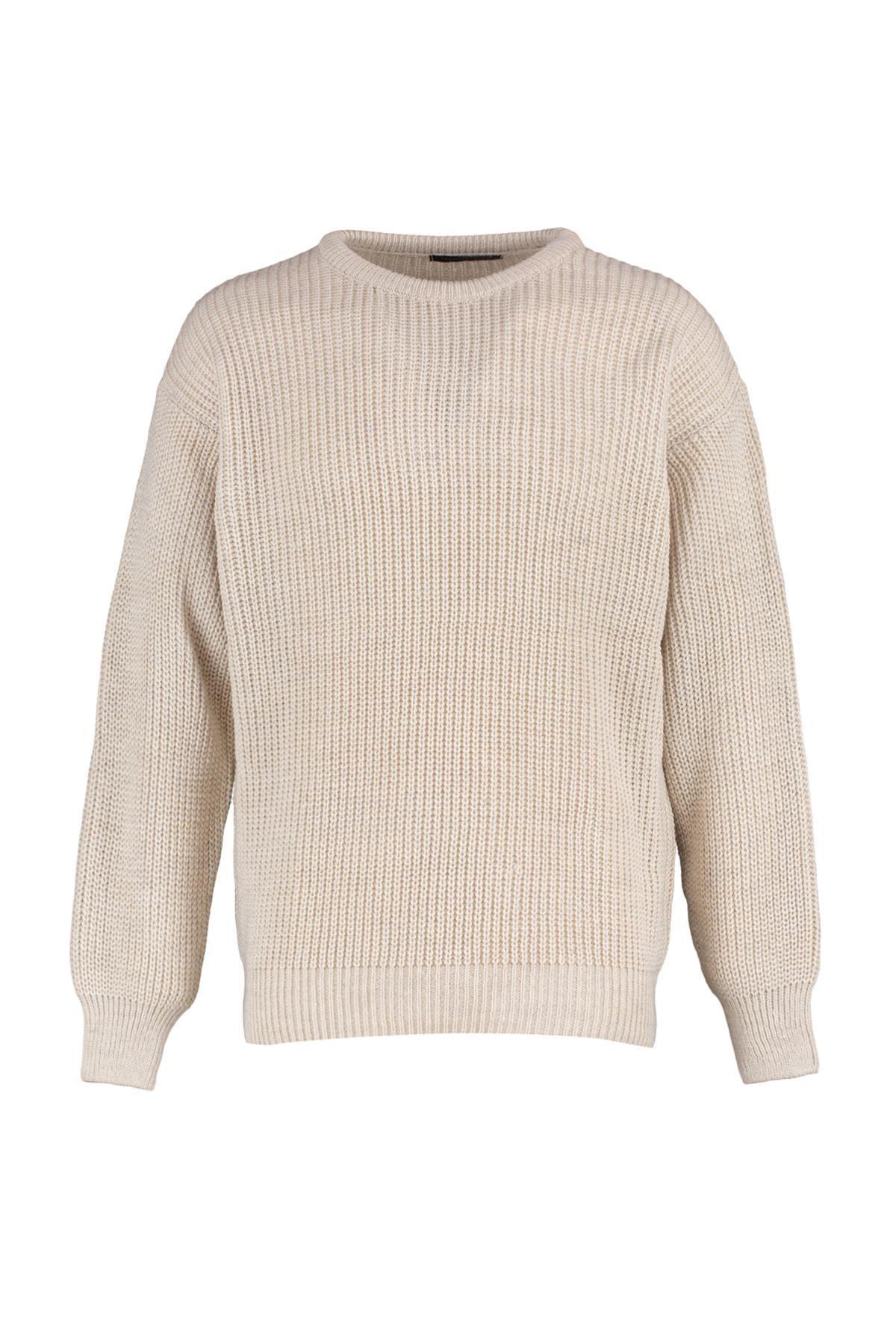 Beige Fitted Crew Neck Sweater, , large image number 6
