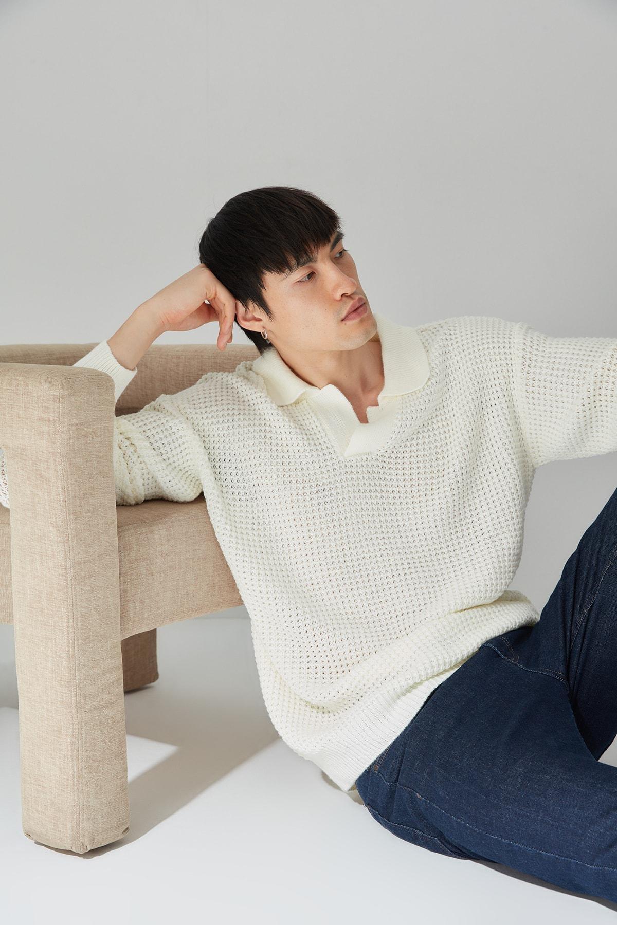 Ecru Oversize Polo Neck Sweater, , large image number 1