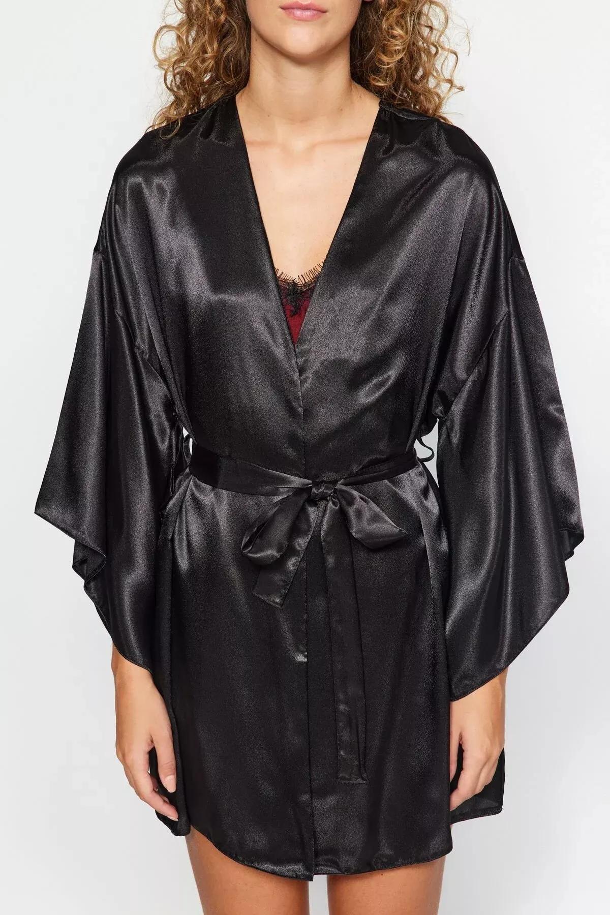 Black Midi Dressing Gown, Black, large image number 3
