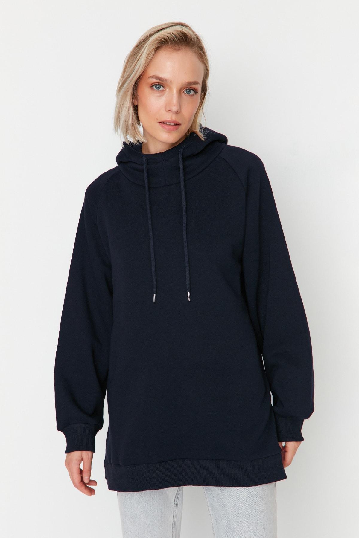 Trendyol - Navy Plain Hooded Sweatshirt