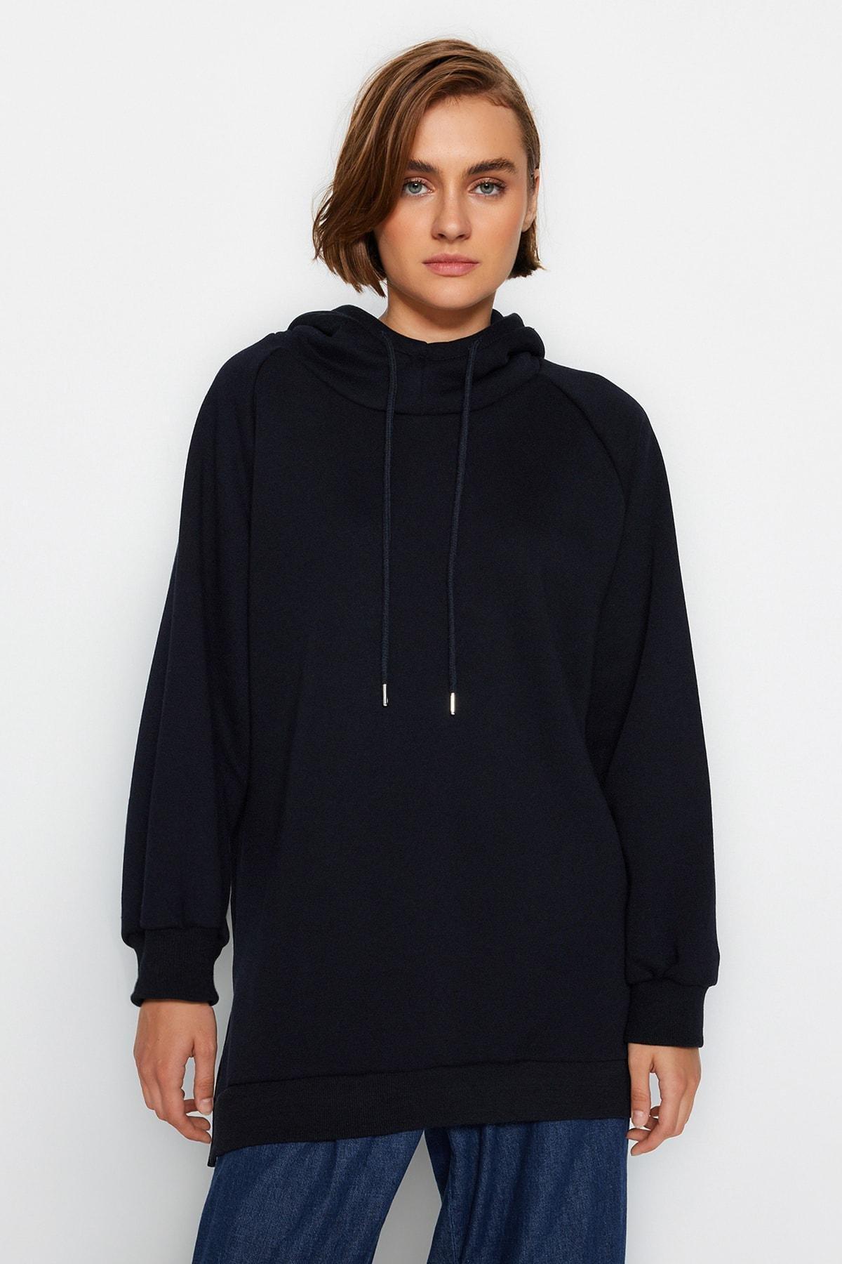 Navy Plain Hooded Sweatshirt, , large image number 1