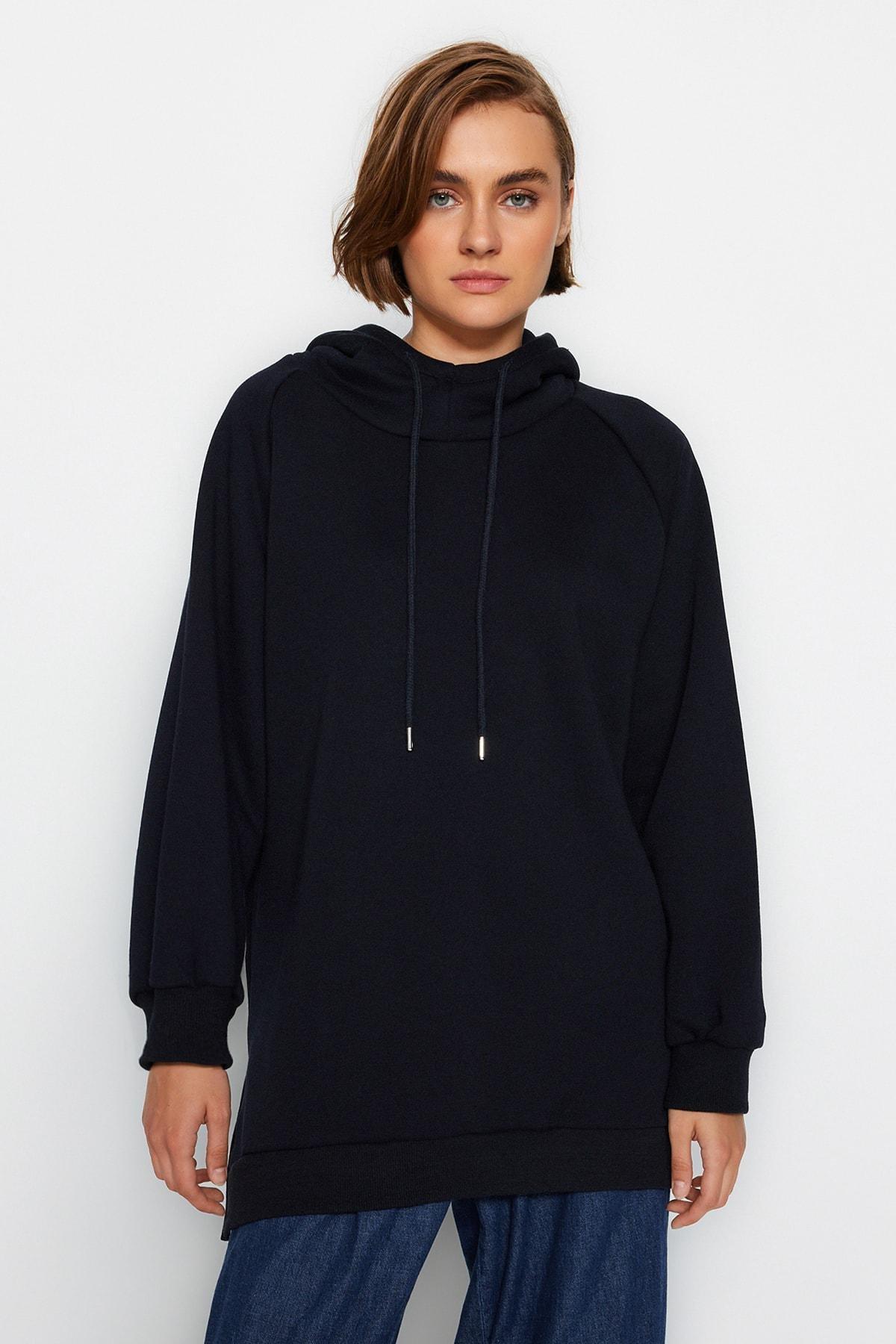 Trendyol - Navy Plain Hooded Sweatshirt