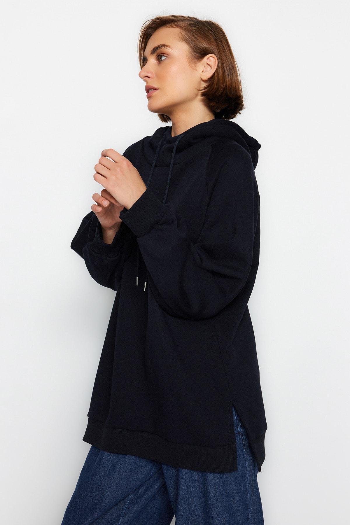 Navy Plain Hooded Sweatshirt, , large image number 2
