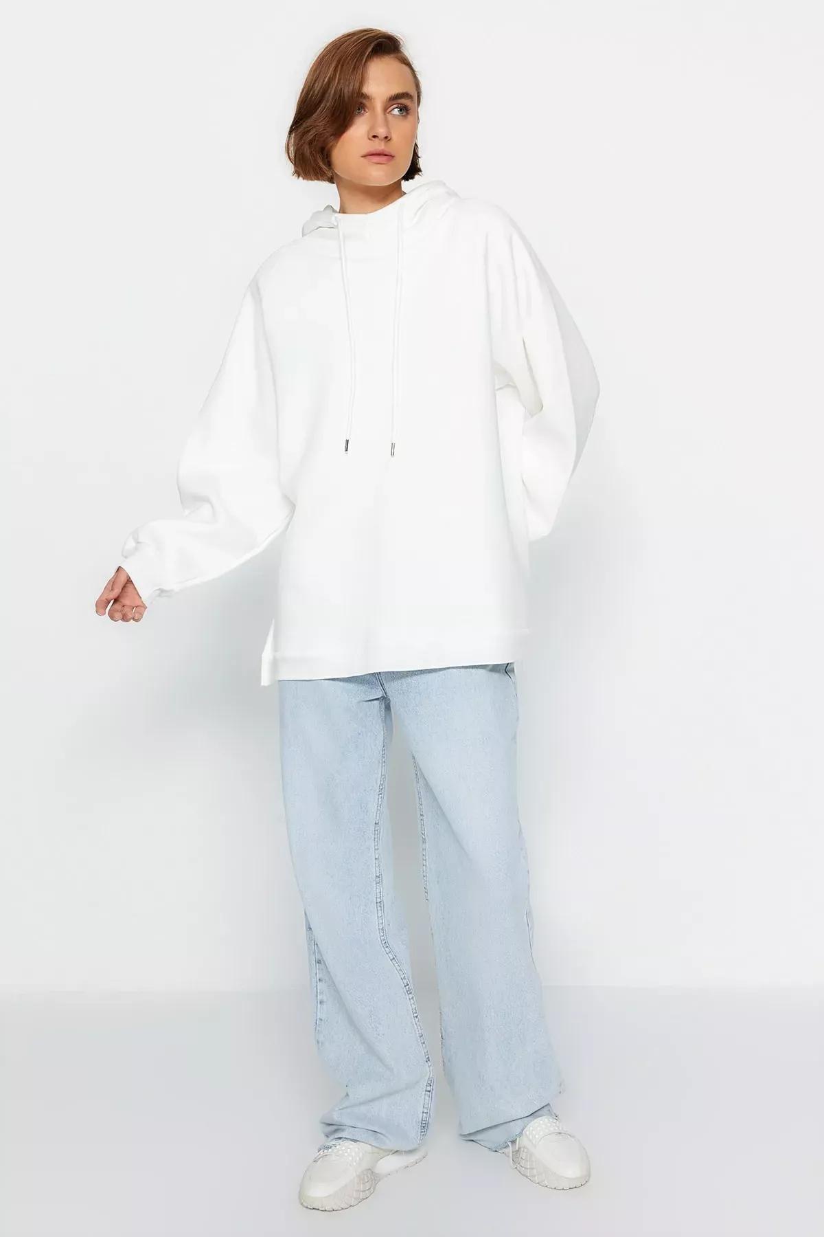 Ecru Hooded Oversize Sweatshirt, Ecru, large image number 1