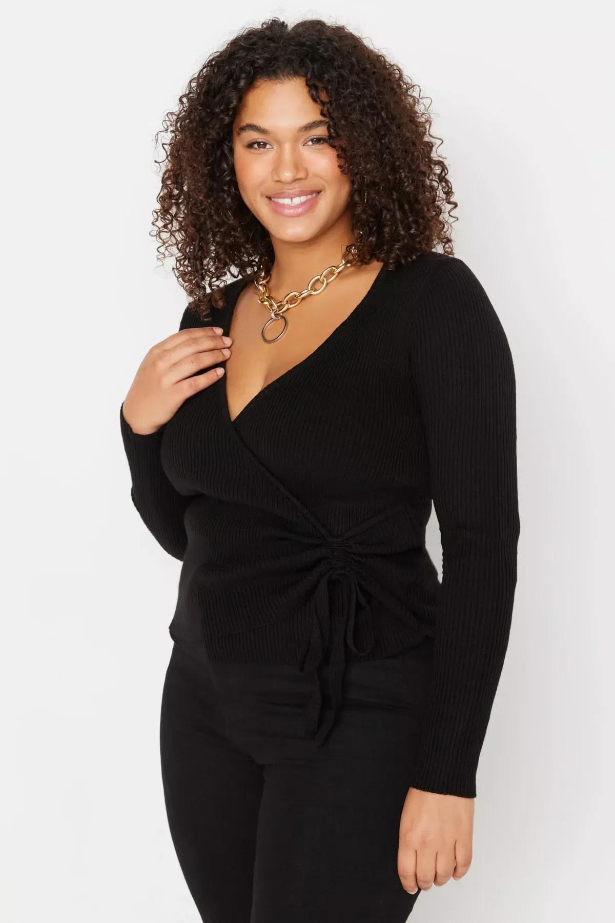 Black Double-Breasted Plus Size Sweater, , large image number 0