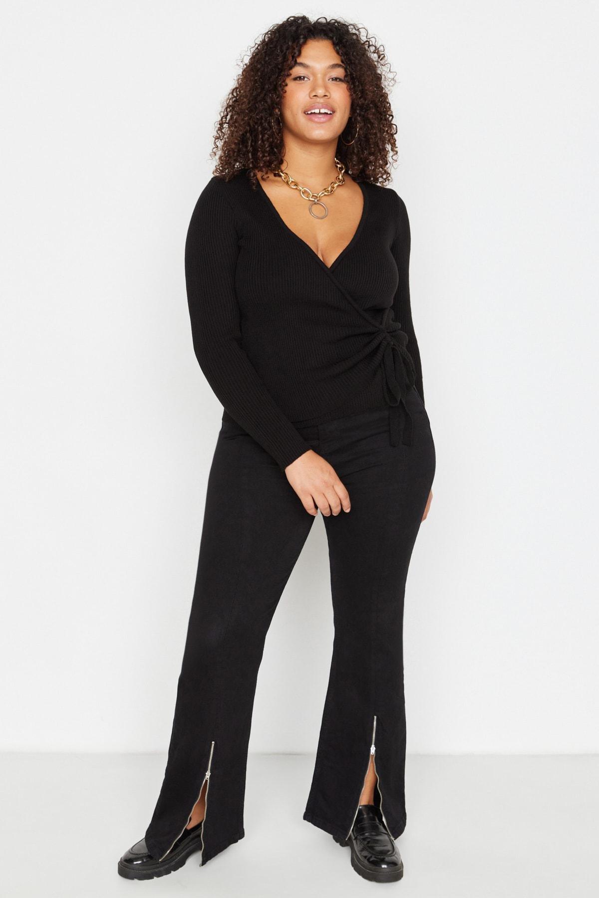 Trendyol - Black Double-Breasted Plus Size Sweater