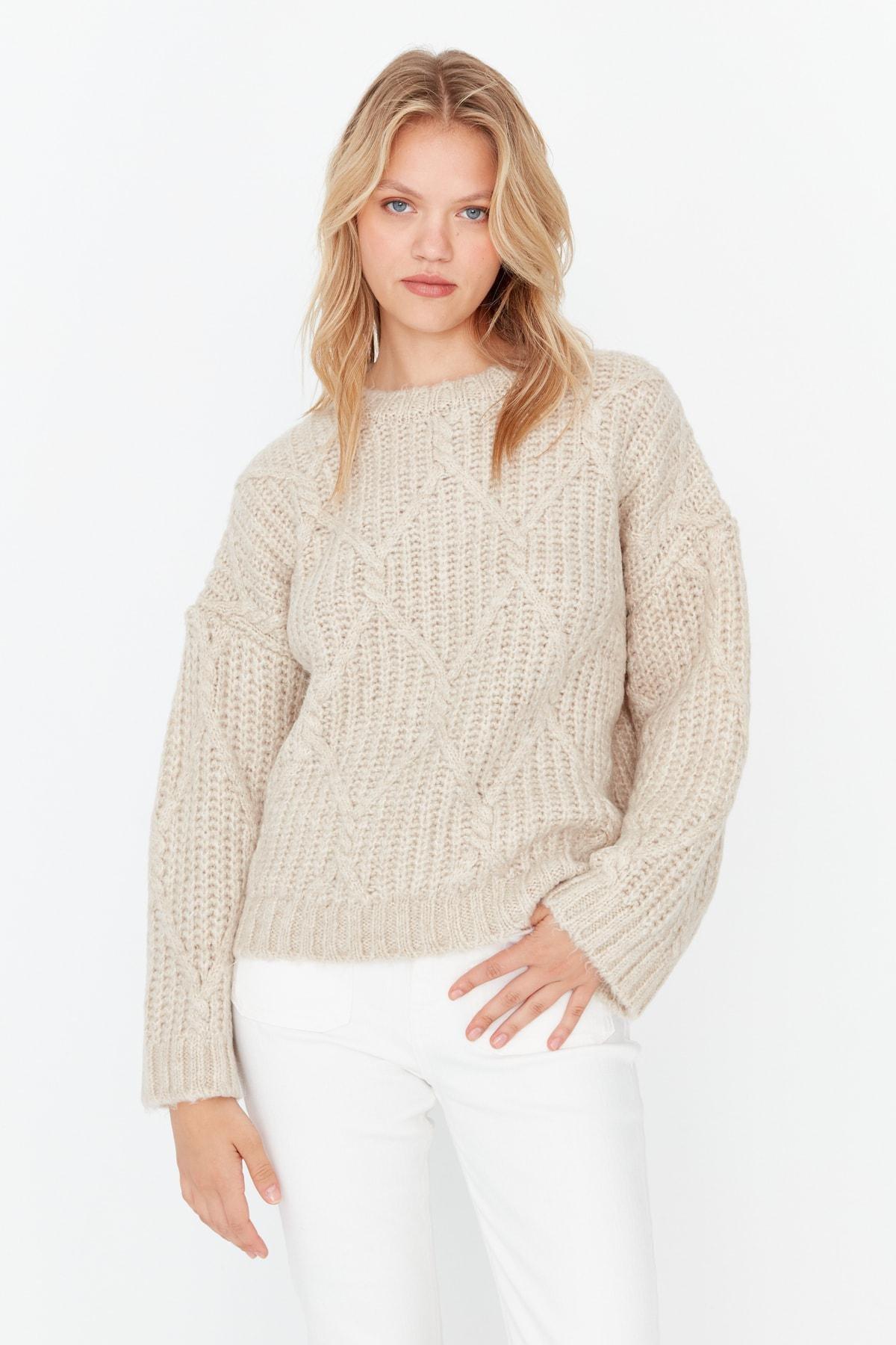 Beige Crew Neck Oversize Sweater, , large image number 1