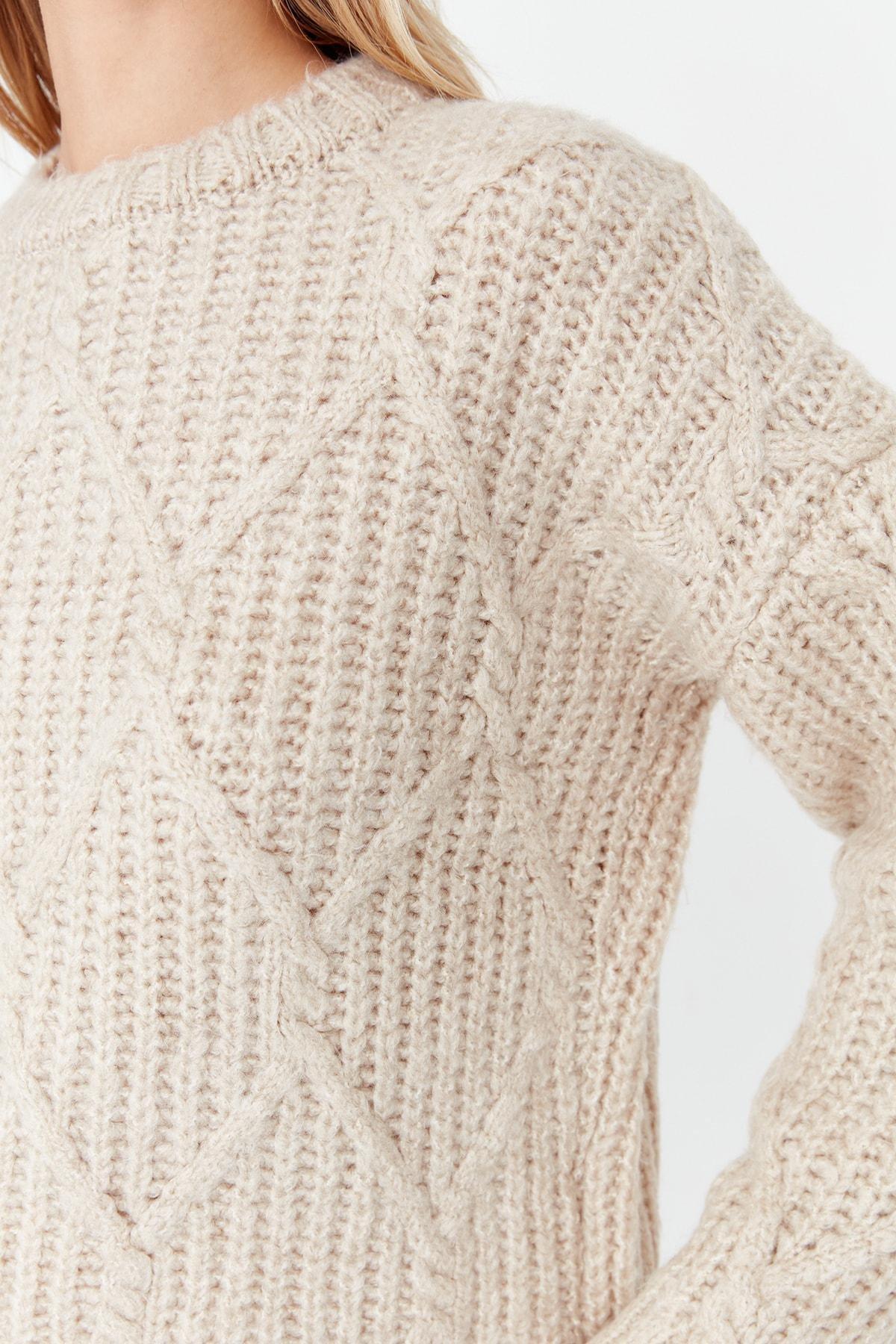 Beige Crew Neck Oversize Sweater, , large image number 3