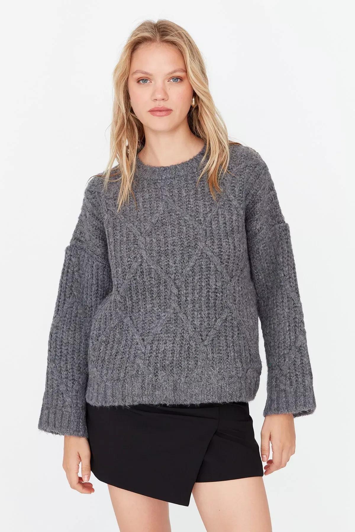 Gray Oversize Turtleneck Sweater, Gray, large image number 1