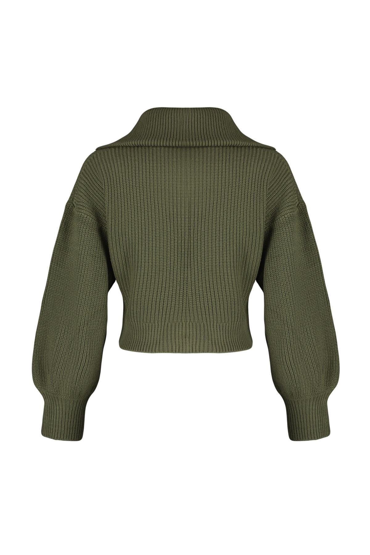 Trendyol - Khaki Crop Zippered Knitwear Cardigan TWOAW23HI00373, Single
