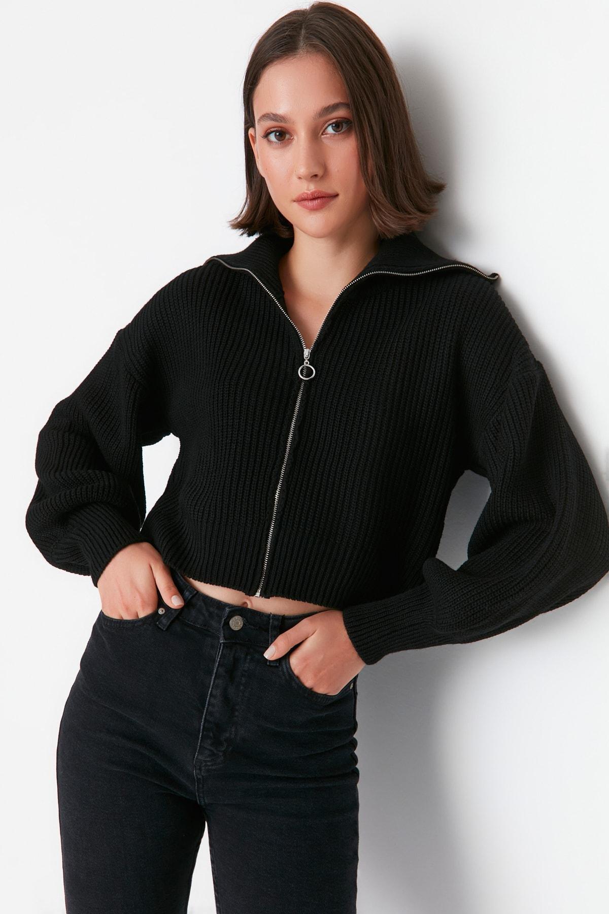 Black Standing Collar Cardigan, , large image number 0