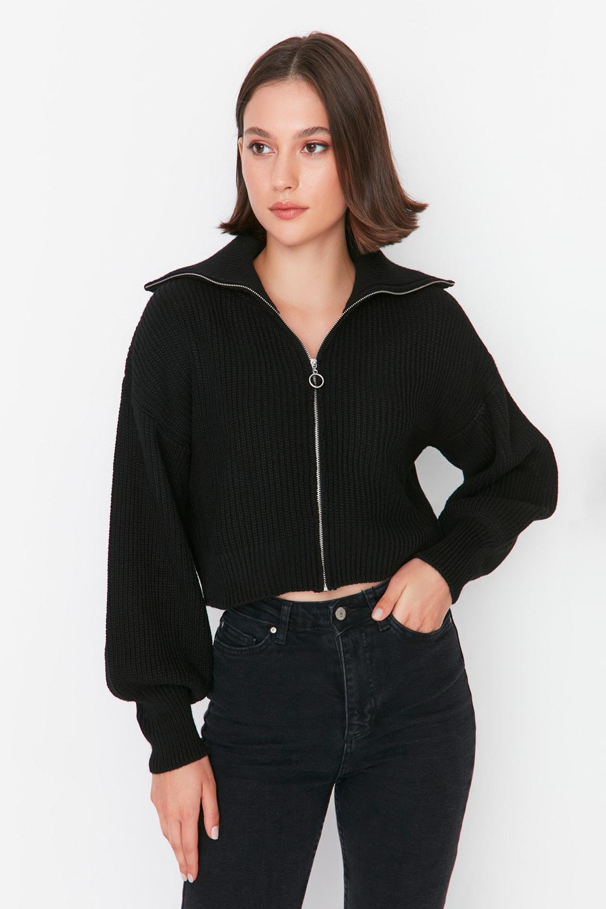 Black Standing Collar Cardigan, , large image number 1