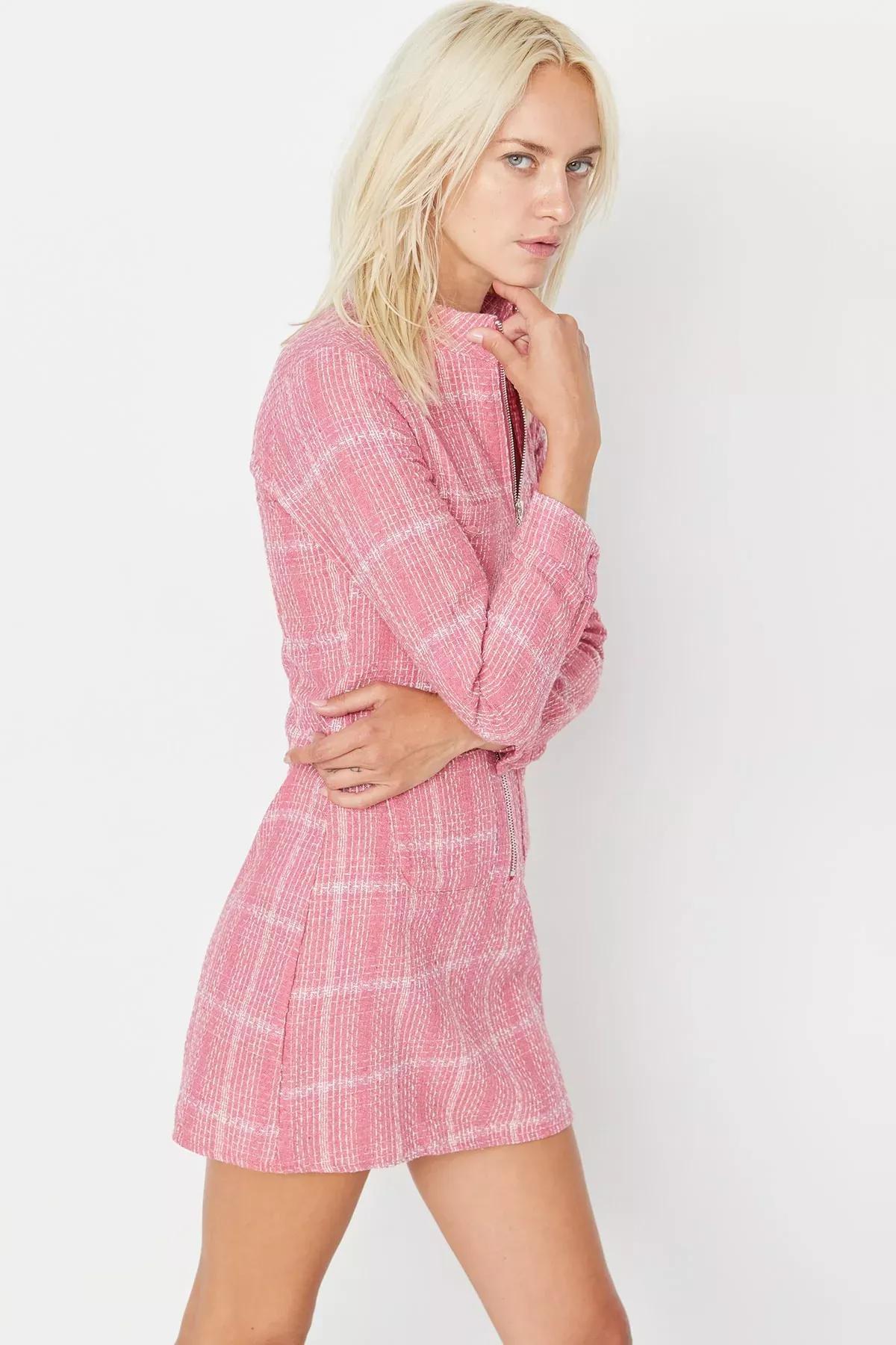 Pink Plaid Standing Collar Shirt Dress, , large image number 0