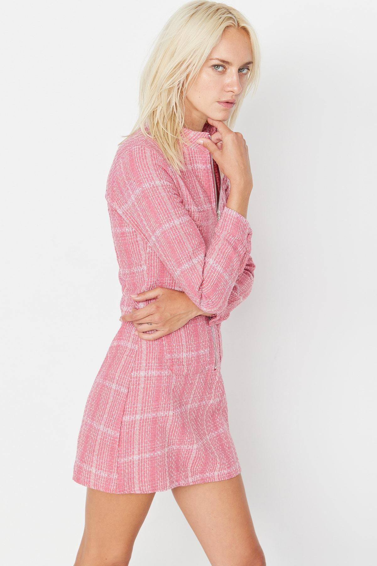 Pink Plaid Standing Collar Shirt Dress, , large image number 0
