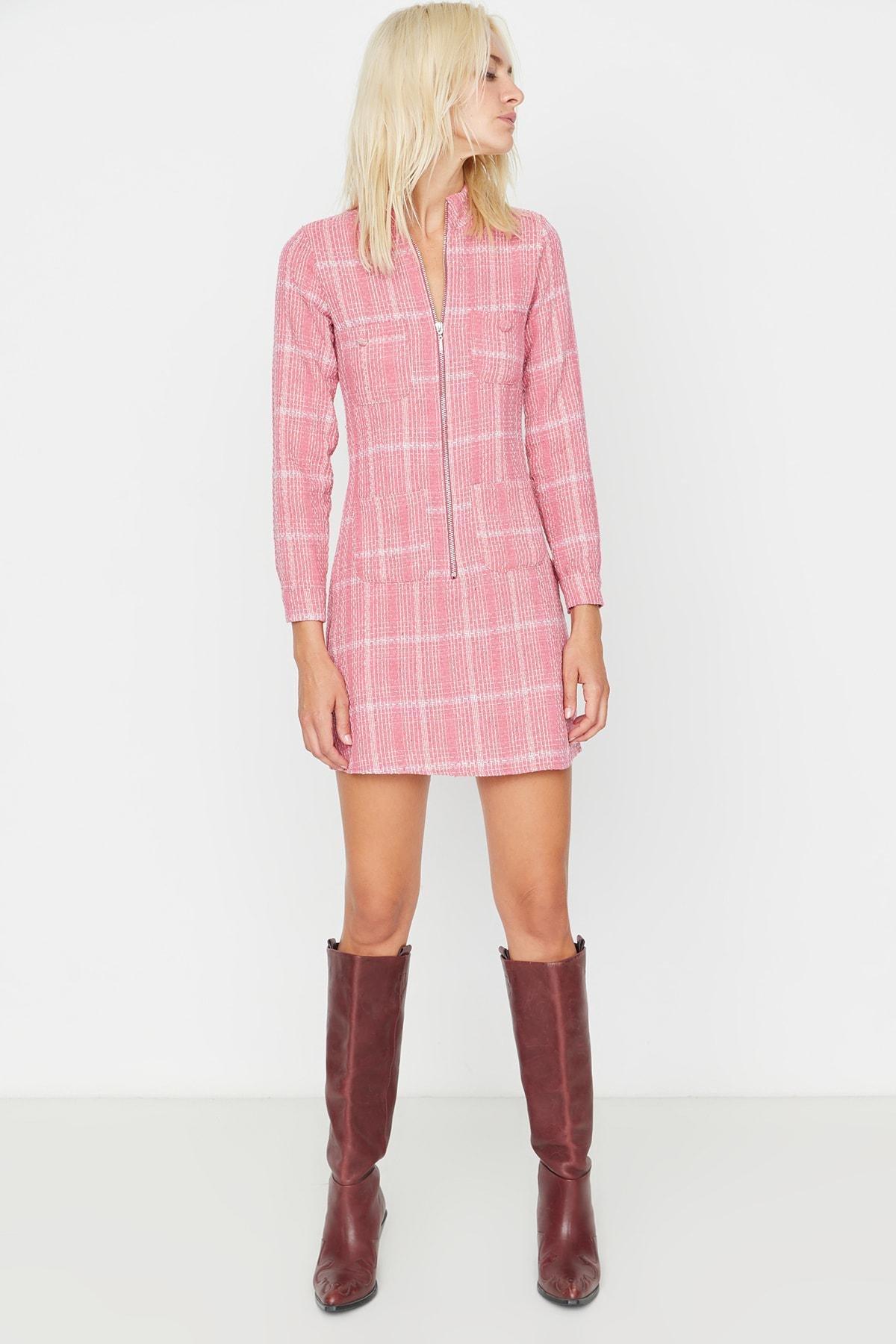 Pink Plaid Standing Collar Shirt Dress, , large image number 1