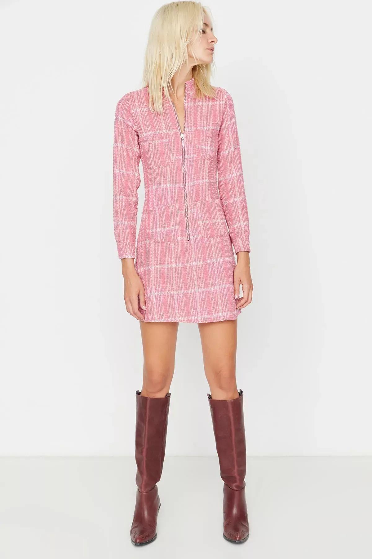 Pink Plaid Standing Collar Shirt Dress, , large image number 1