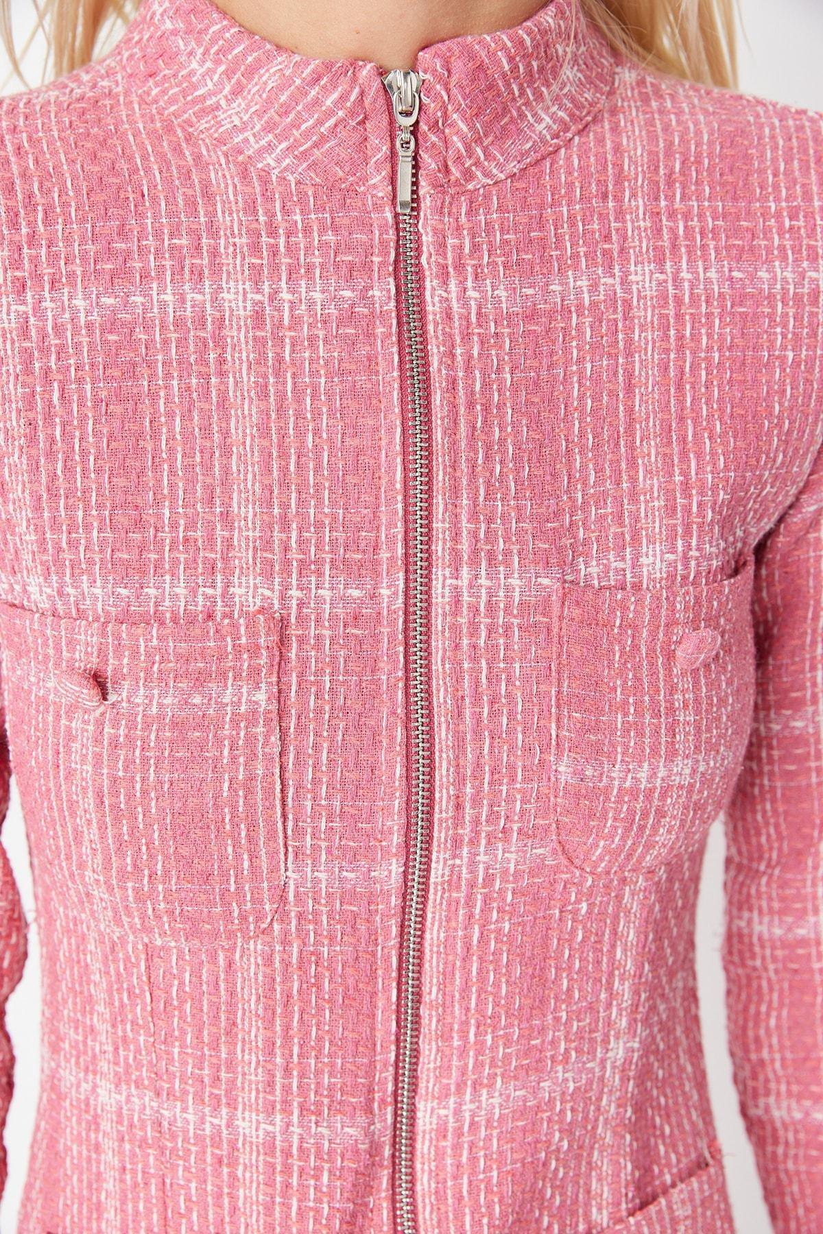 Pink Plaid Standing Collar Shirt Dress, , large image number 3
