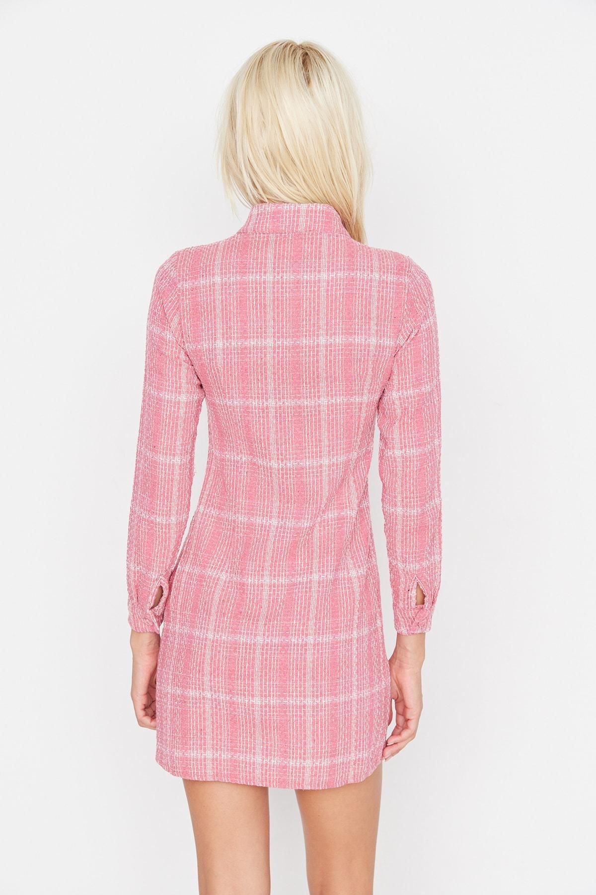 Pink Plaid Standing Collar Shirt Dress, , large image number 4