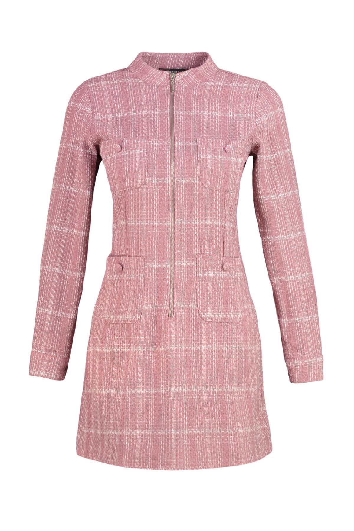 Pink Plaid Standing Collar Shirt Dress, , large image number 5