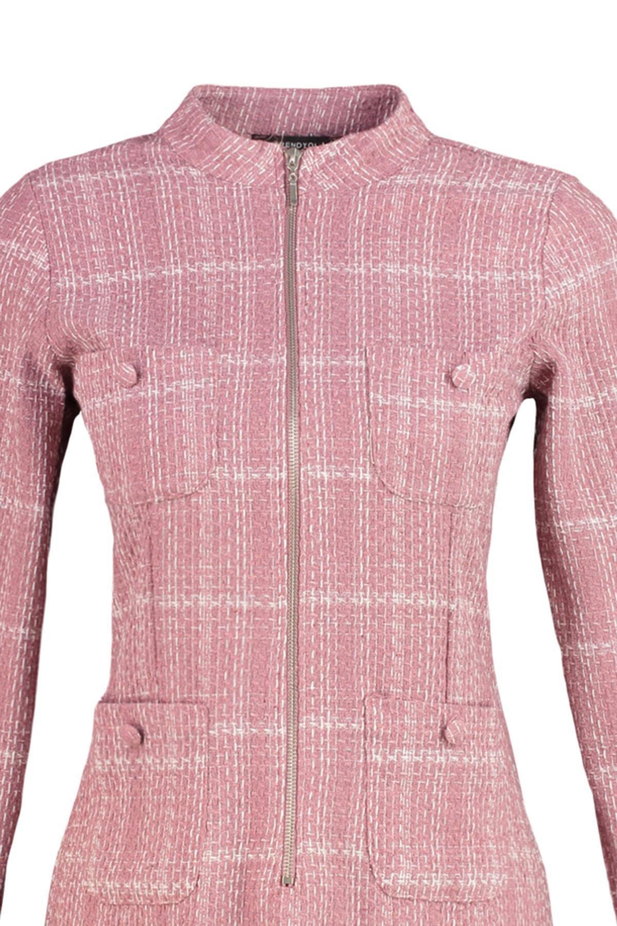 Pink Plaid Standing Collar Shirt Dress, , large image number 6