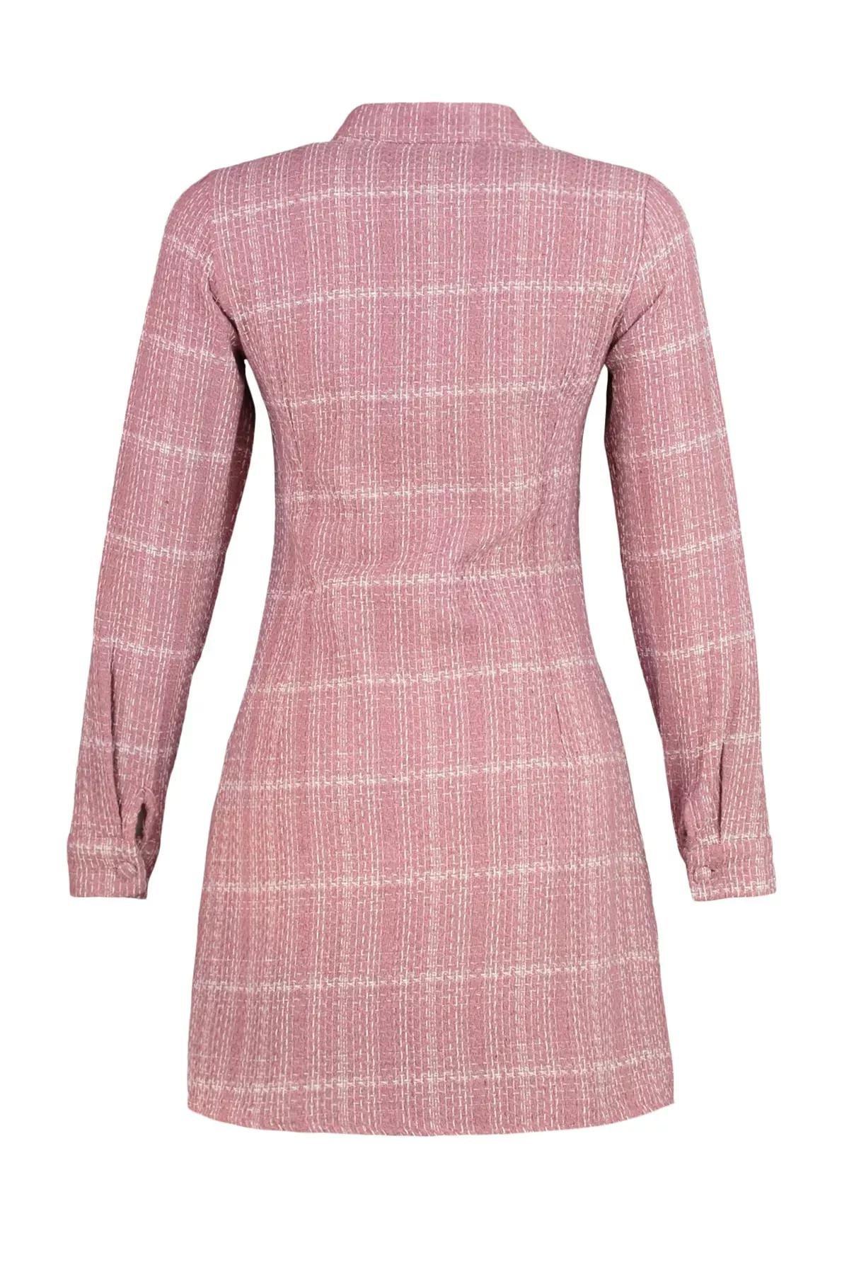 Pink Plaid Standing Collar Shirt Dress, , large image number 6