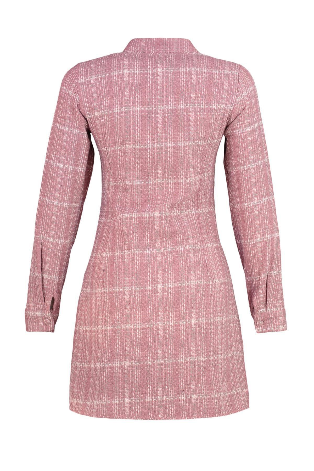 Pink Plaid Standing Collar Shirt Dress, , large image number 7