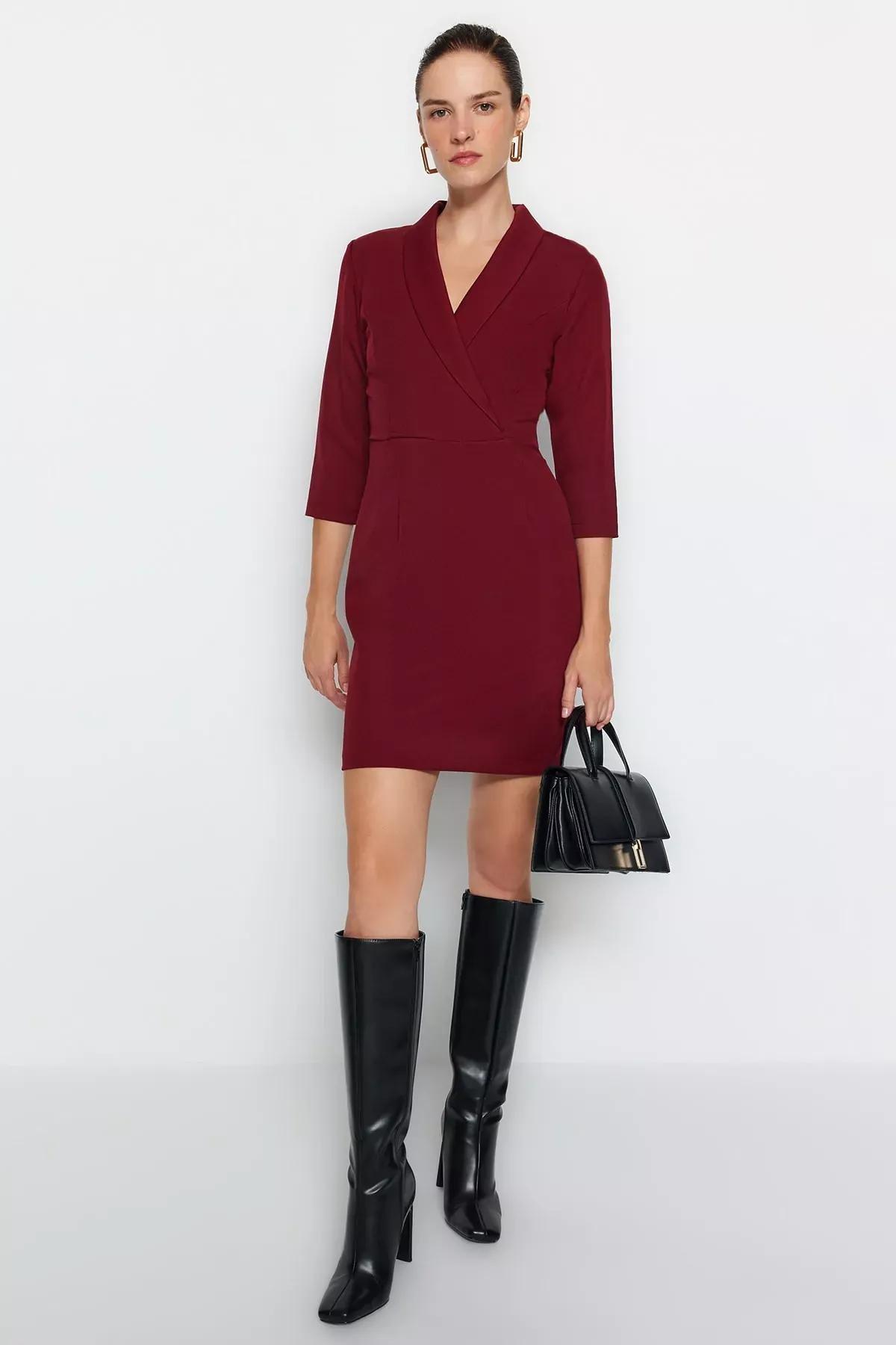 Red Collared Mini Woven Dress, Burgundy, large image number 1