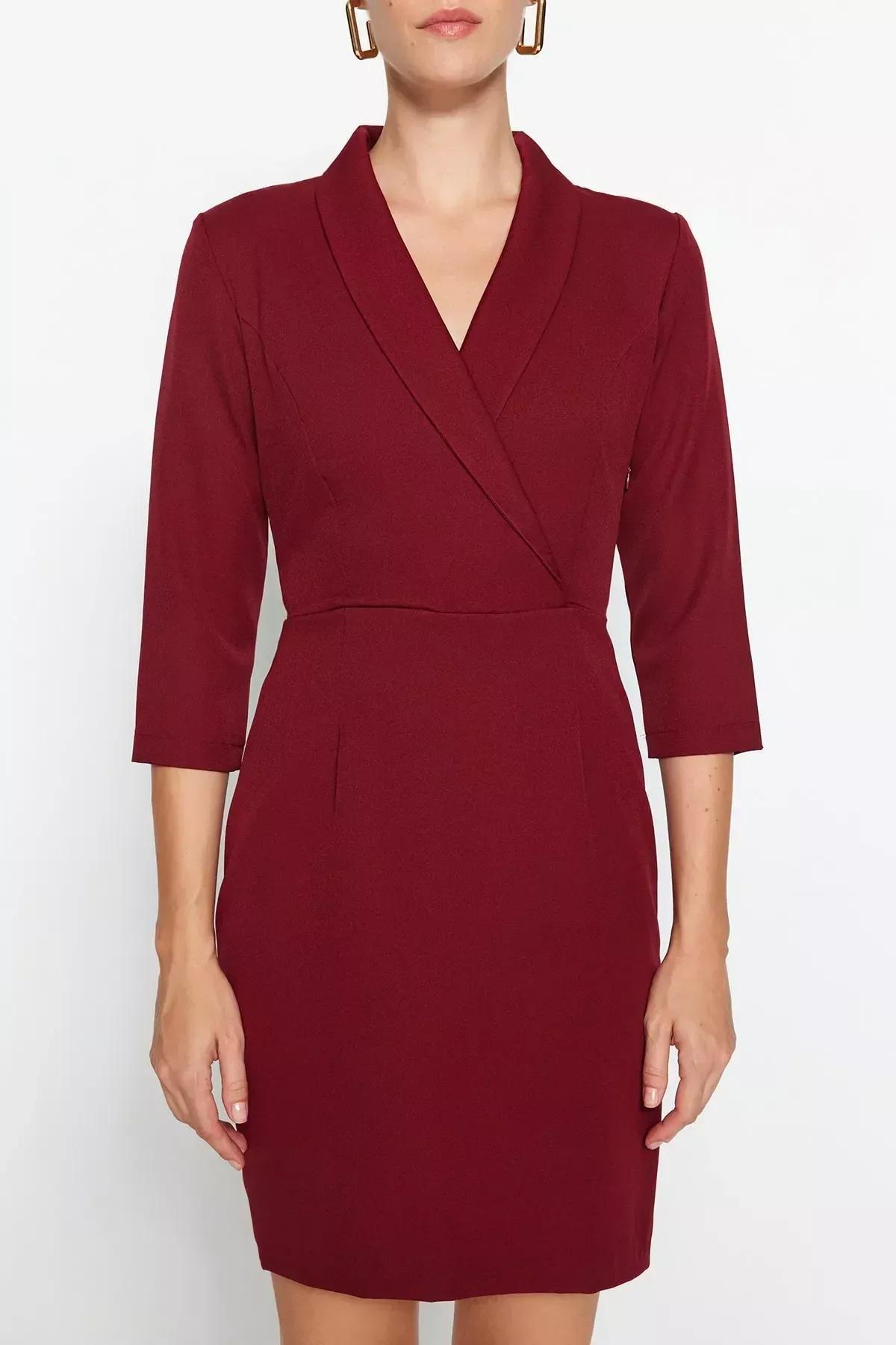 Red Collared Mini Woven Dress, Burgundy, large image number 3