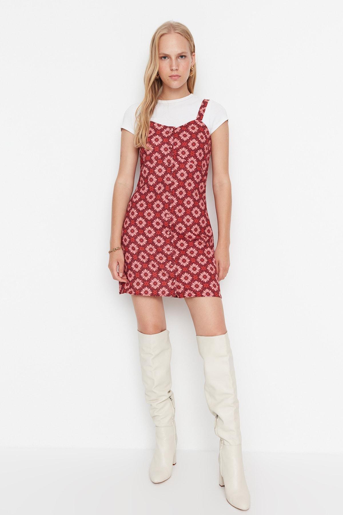 Trendyol - Burgundy Polka Dot Sweetheart Mini Dress