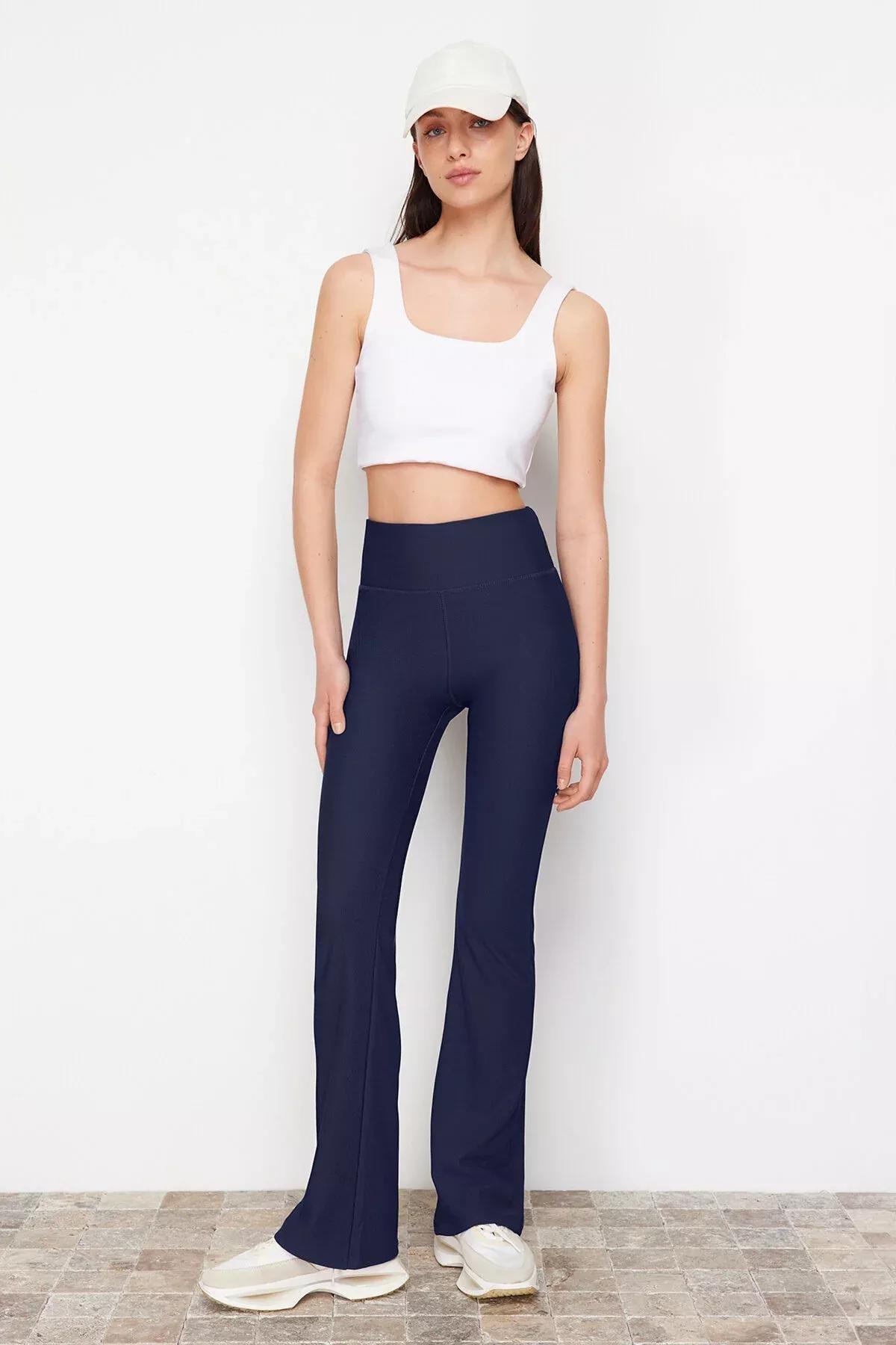 Navy Ribbed Knitted Sports Tights, Dark Navyblue, large image number 2