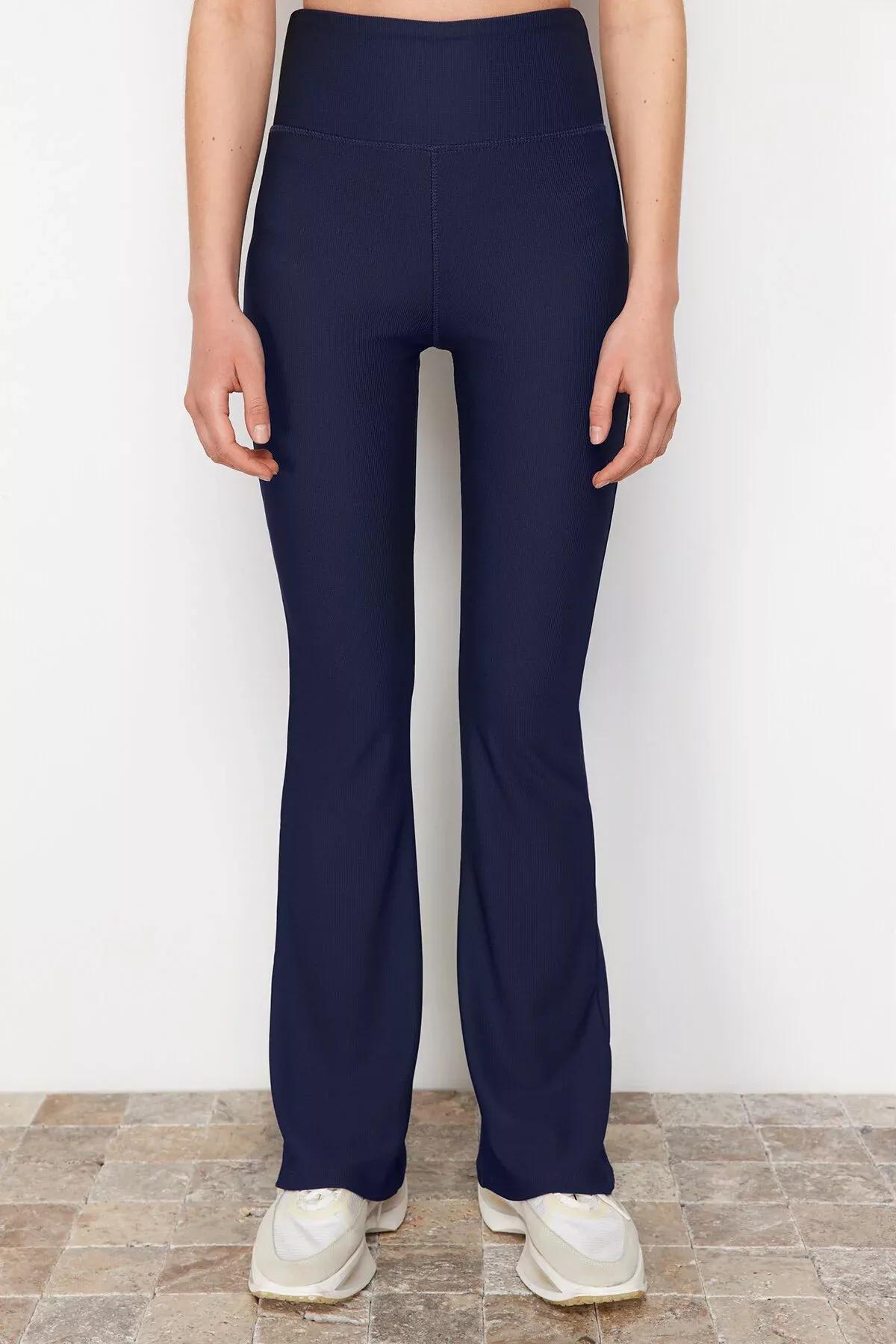 Navy Ribbed Knitted Sports Tights, Dark Navyblue, large image number 3