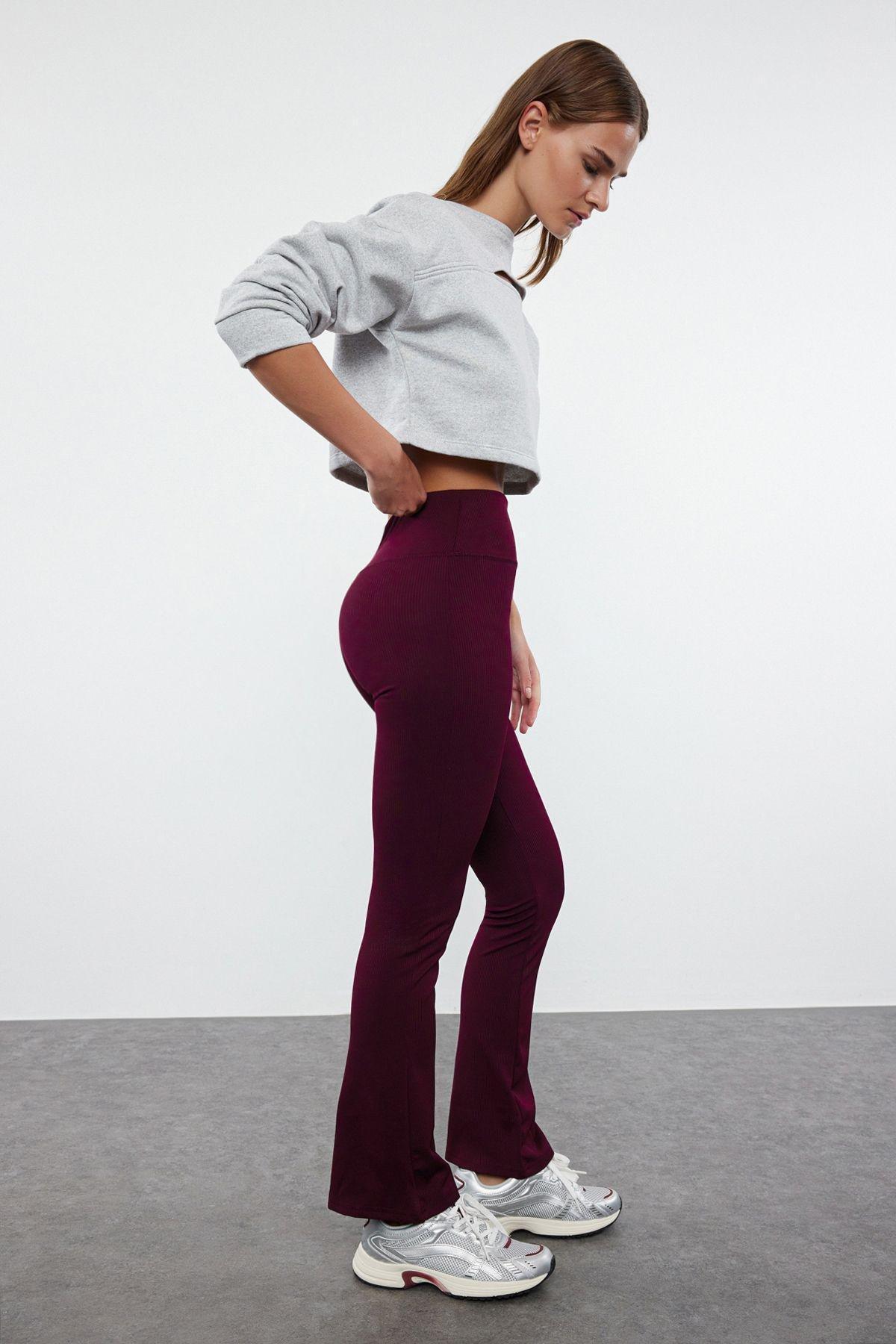 Dark Cherry Ribbed Flare Leg Yoga Knitted Sports Tights TWOAW23TY00011, Single item, , large image number 0