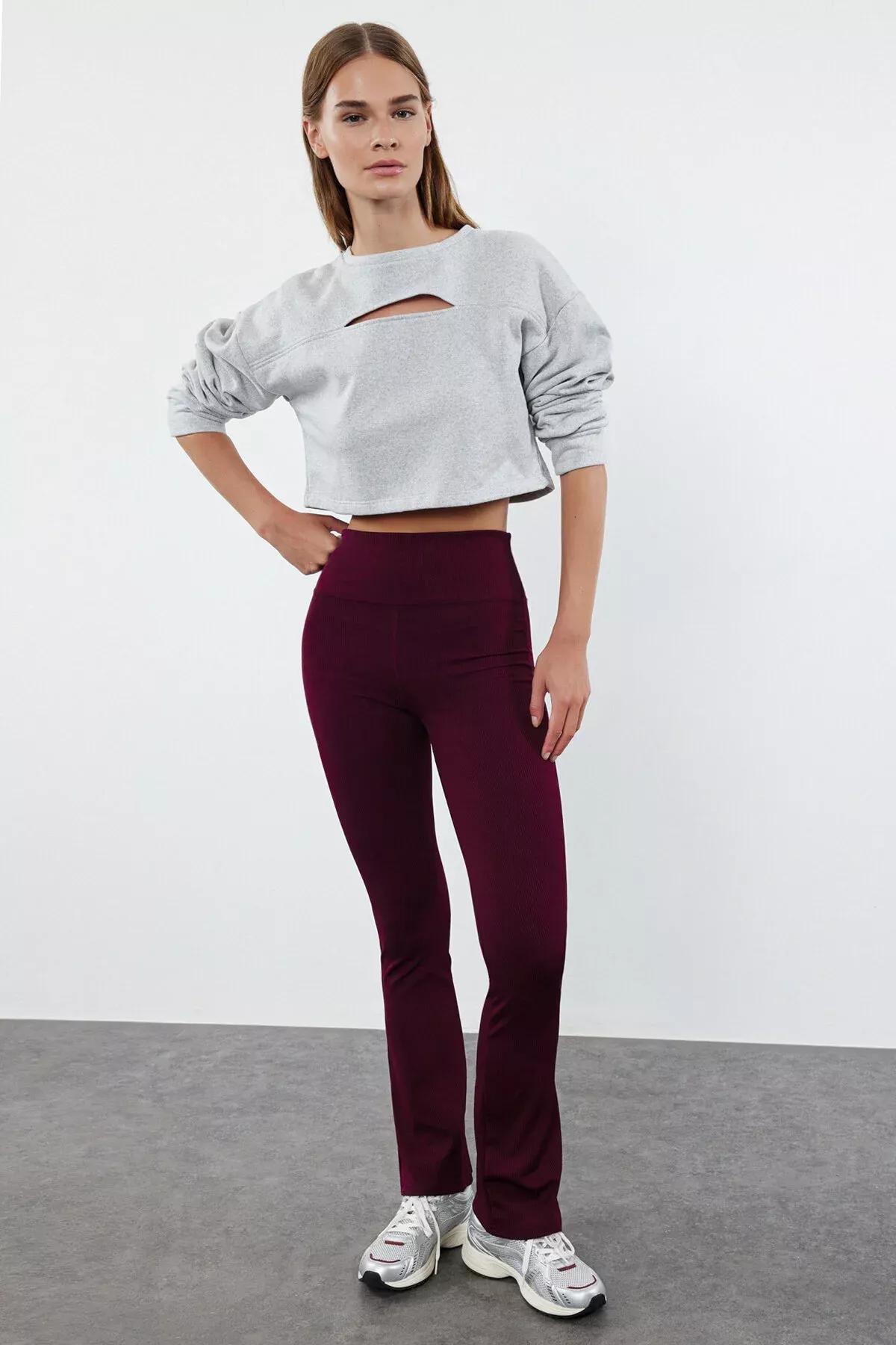 Red Ribbed Flare Leg Yoga Tights, Dark Cherry, medium