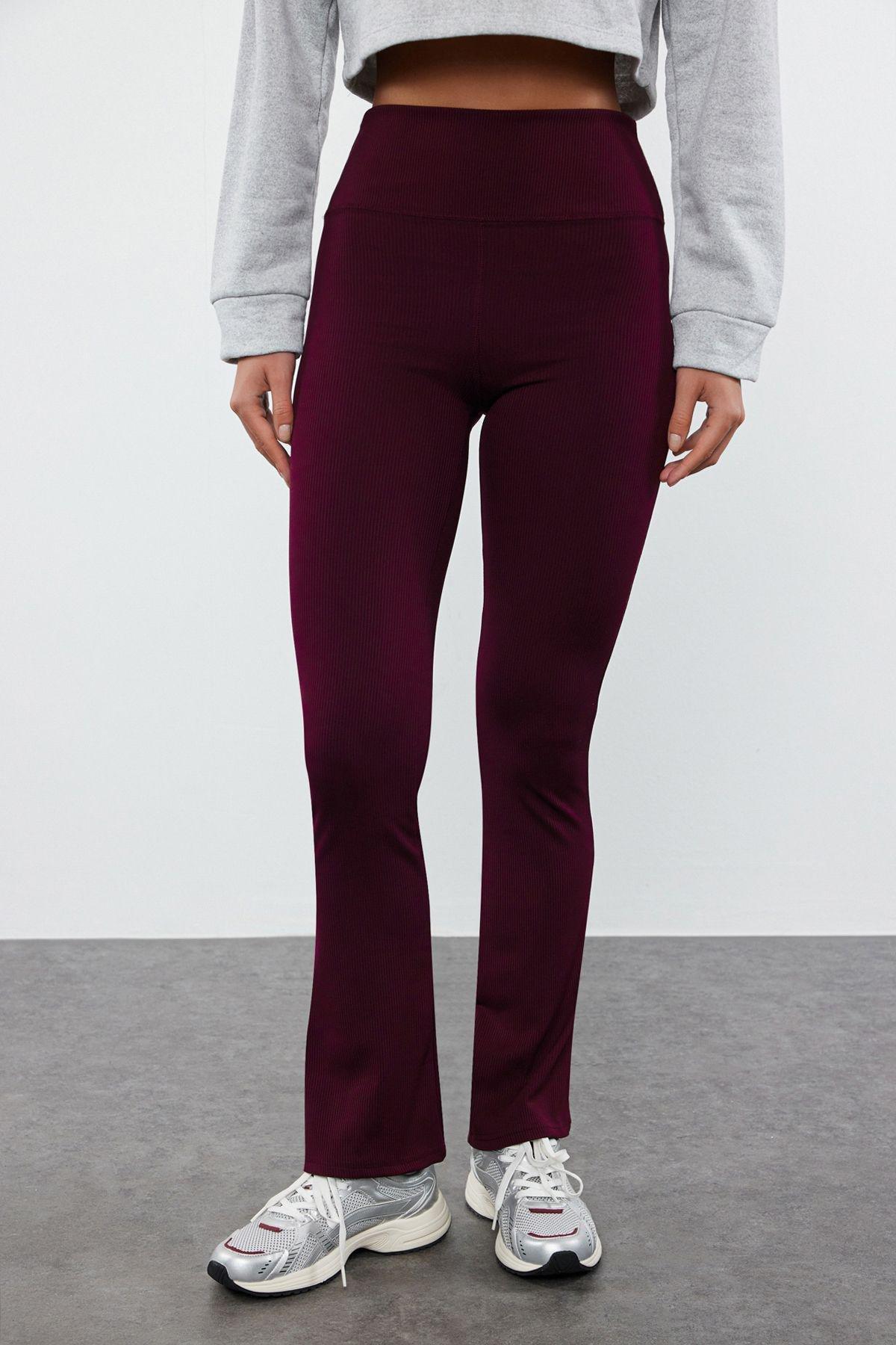 Dark Cherry Ribbed Flare Leg Yoga Knitted Sports Tights TWOAW23TY00011, Single item, , large image number 3