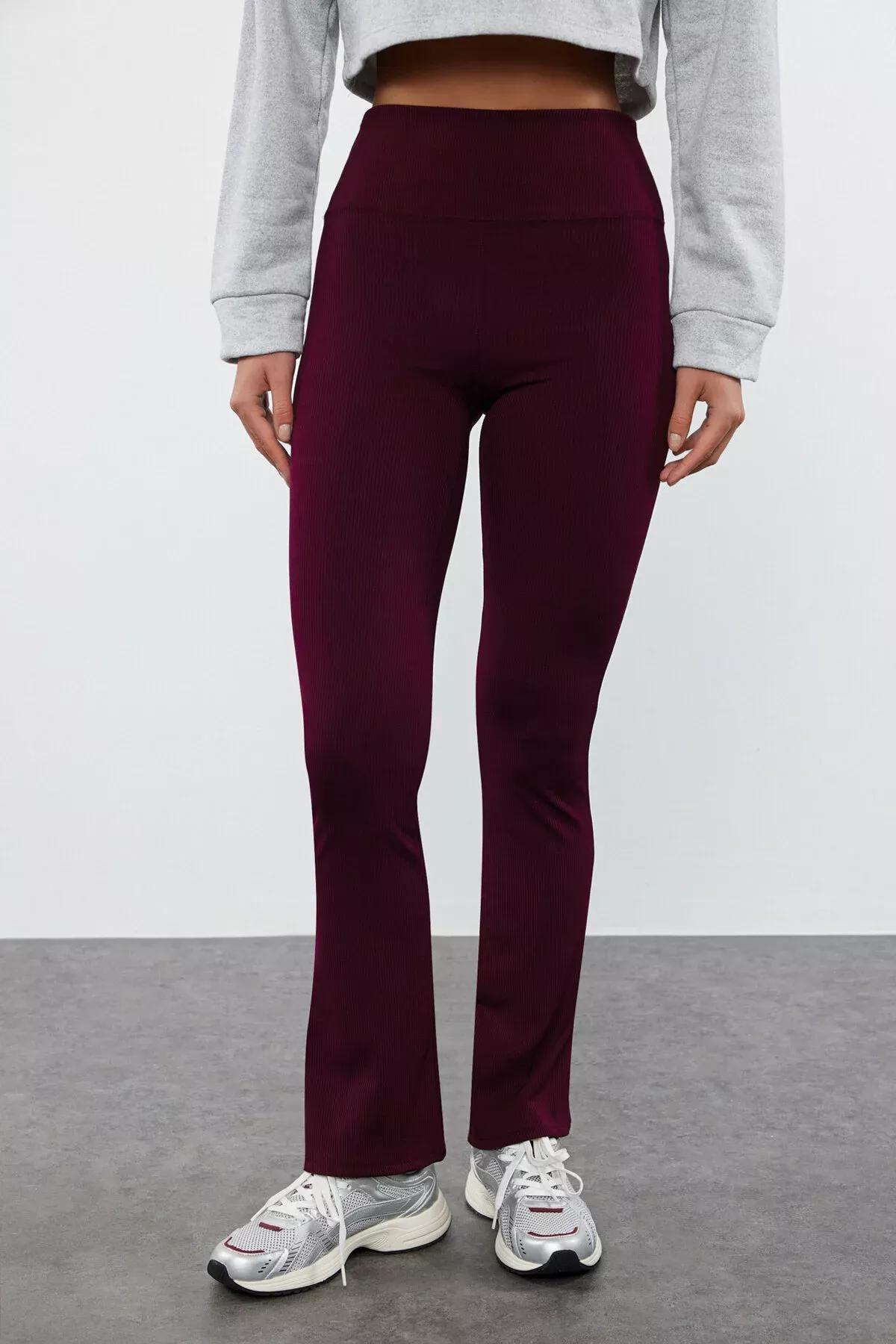 Red Ribbed Flare Leg Yoga Tights, Dark Cherry, large image number 6