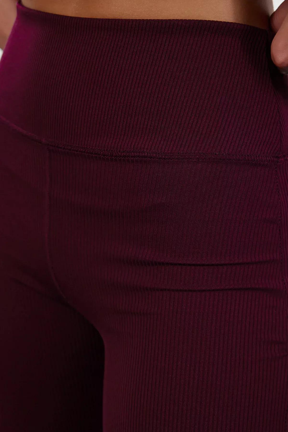 Red Ribbed Flare Leg Yoga Tights, Dark Cherry, large image number 7