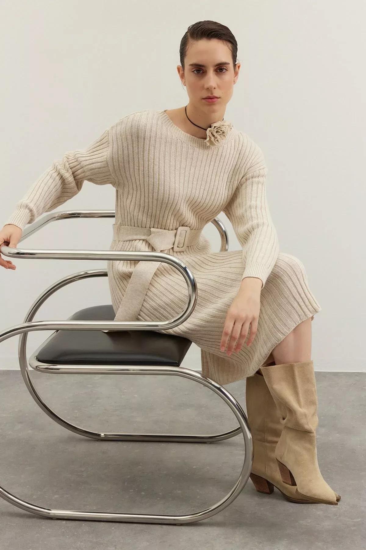 فستان بقصة على شكل حرف A، بيج, Beige, large image number 5