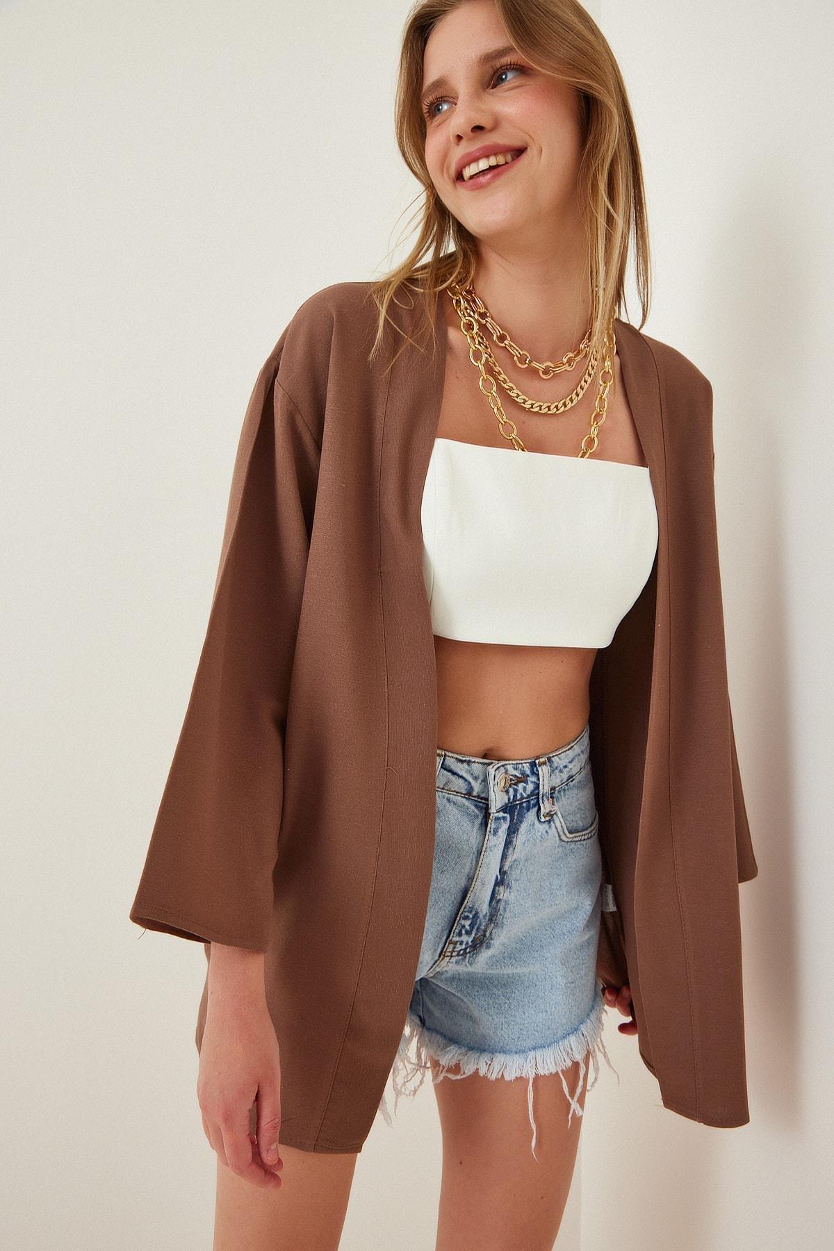 Brown Turndown Collared Kimono, Brown, large image number 0