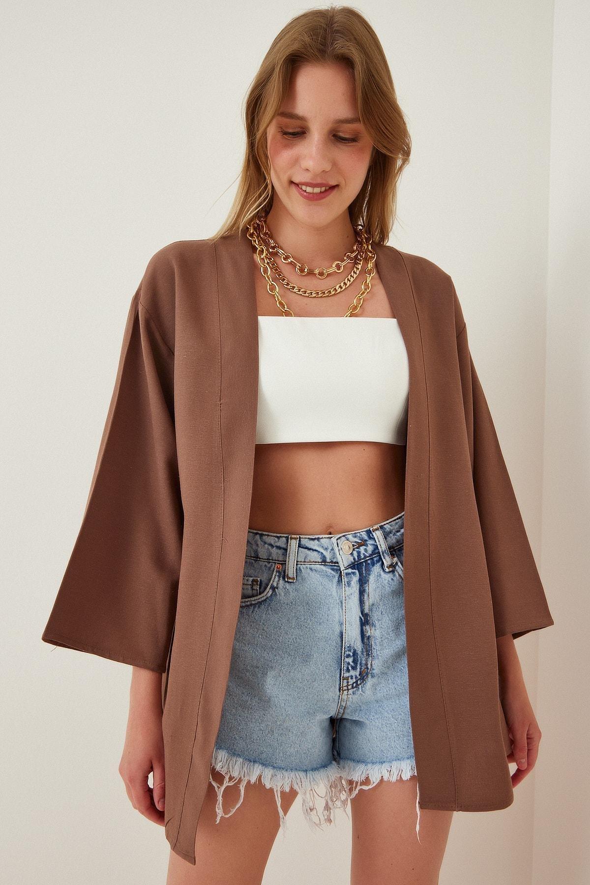 Brown Turndown Collared Kimono, Brown, large image number 1