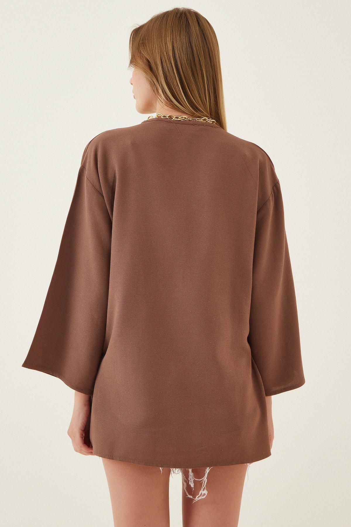 Brown Turndown Collared Kimono, Brown, large image number 2