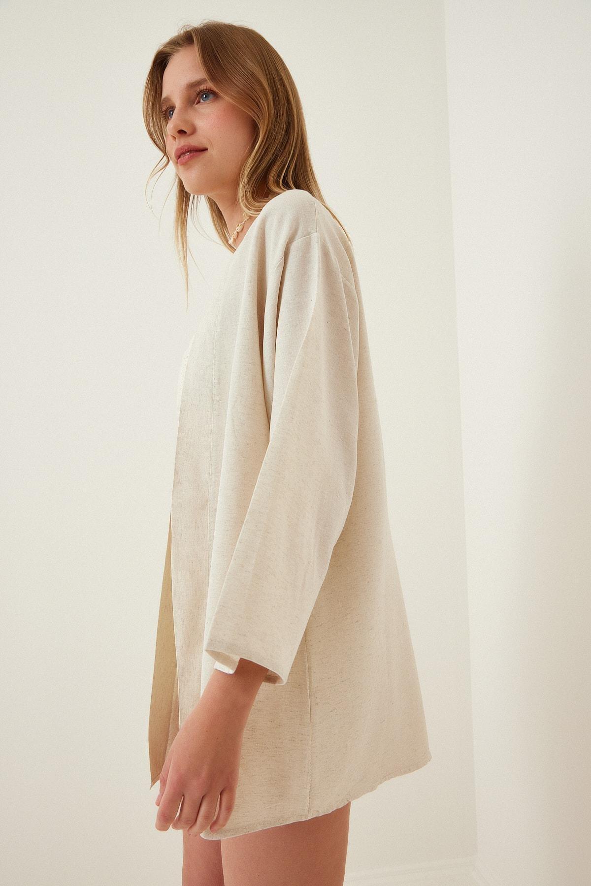 Happiness Istanbul - Beige Turndown Collar Kimono