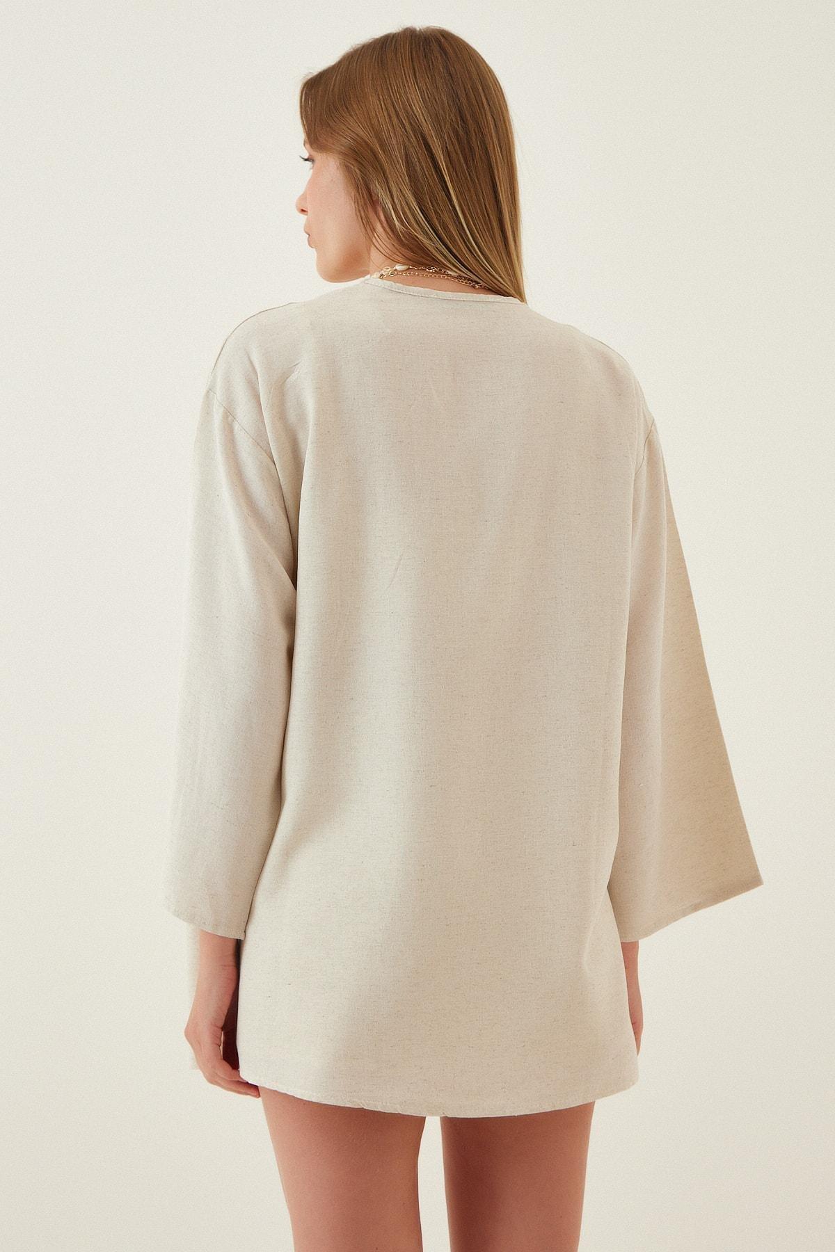 Happiness Istanbul - Beige Turndown Collar Kimono