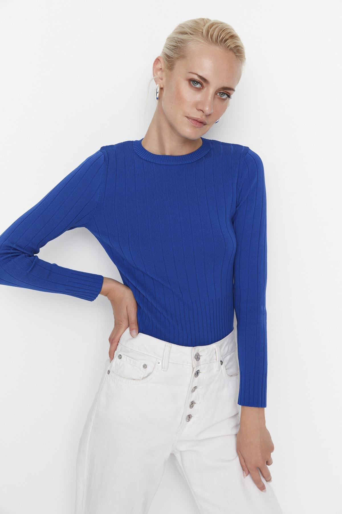 Blue Crew Neck Slim Sweater, , large image number 1