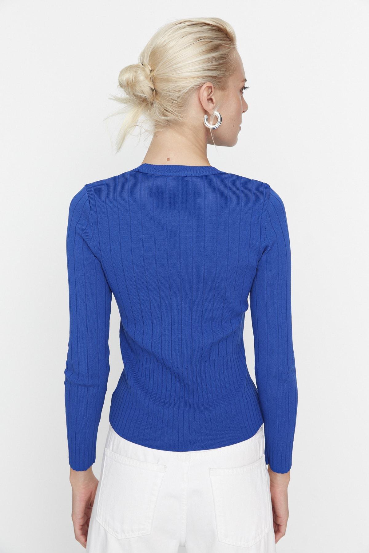 Blue Crew Neck Slim Sweater, , large image number 4
