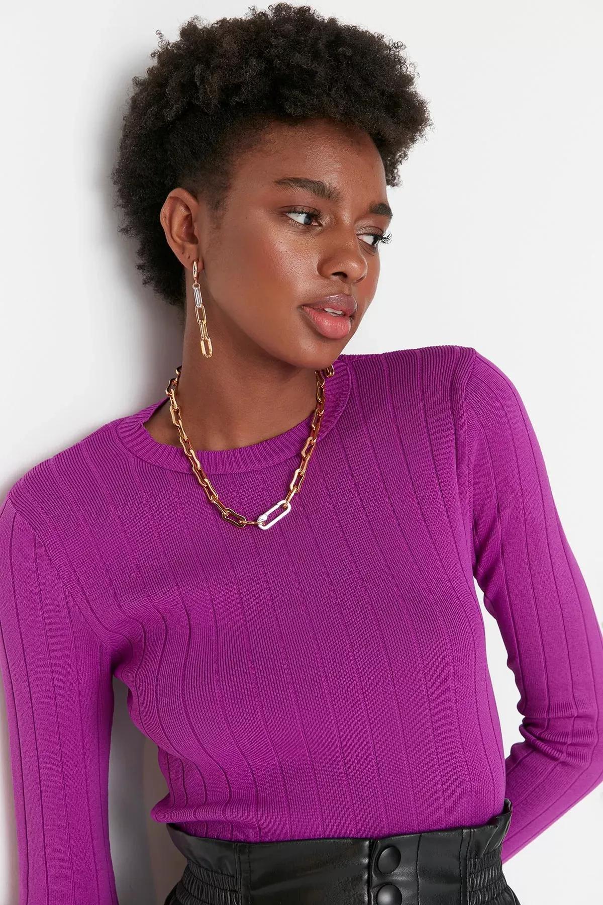 Purple Slim Crew Neck Sweater, Purple, large image number 0