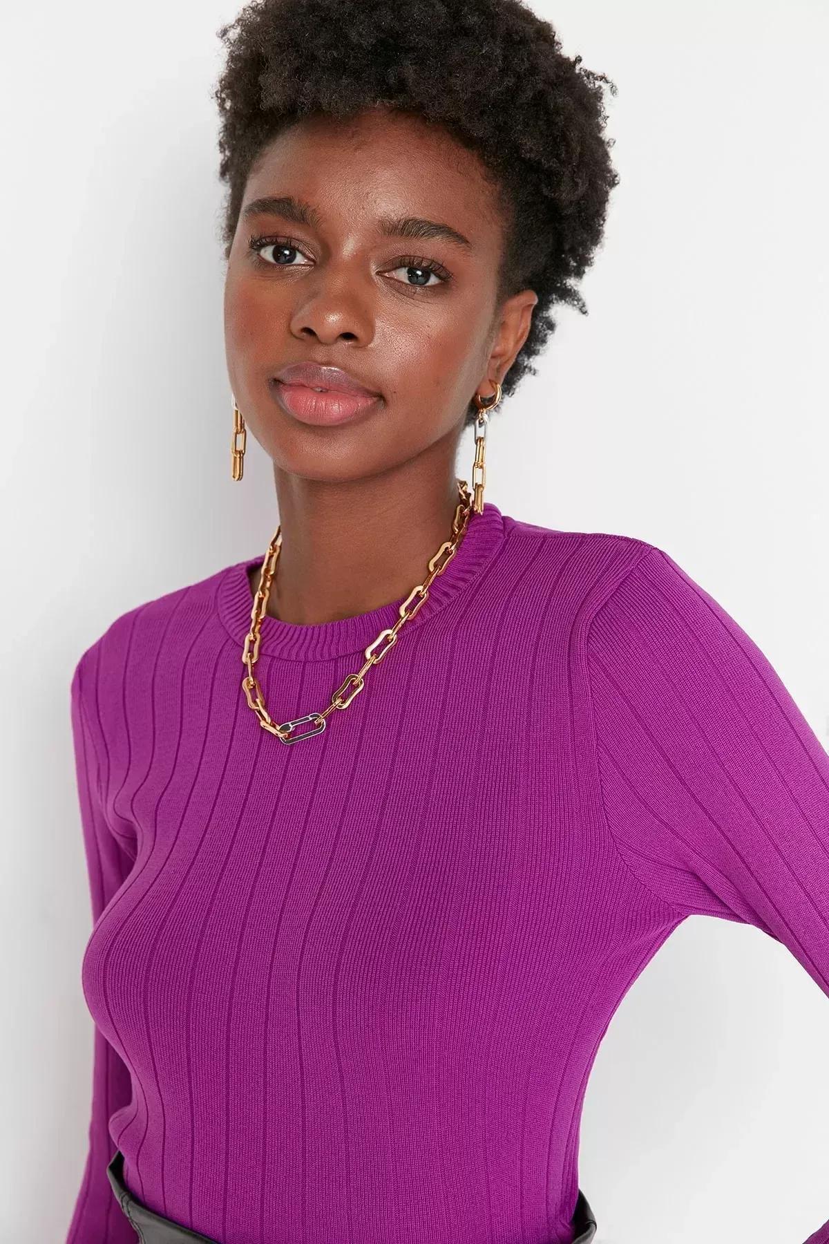 Purple Slim Crew Neck Sweater, Purple, large image number 4