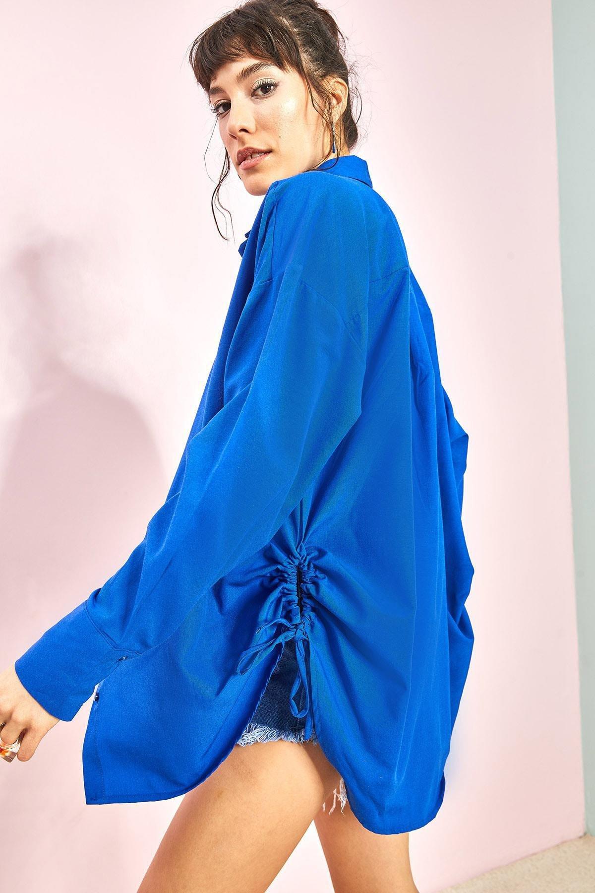 Blue Side Gathered Shirt, Sax, large image number 1
