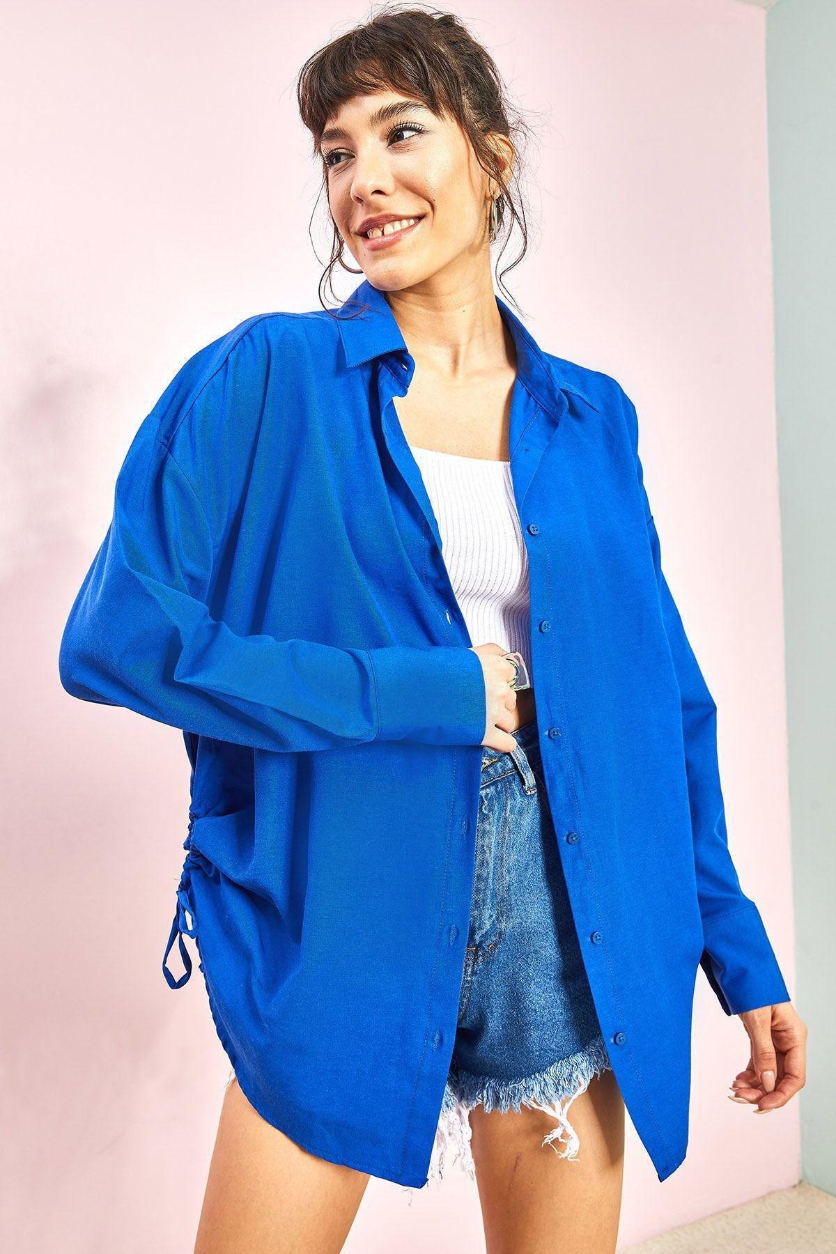 Blue Side Gathered Shirt, Sax, large image number 3