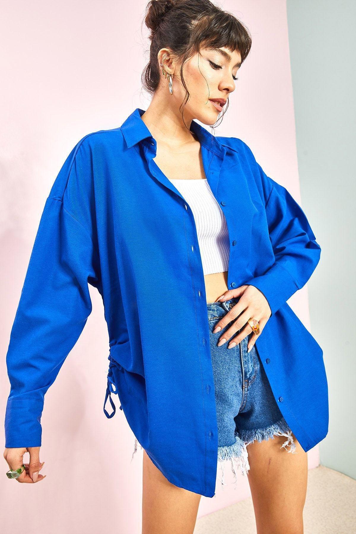 Blue Side Gathered Shirt, Sax, large image number 4